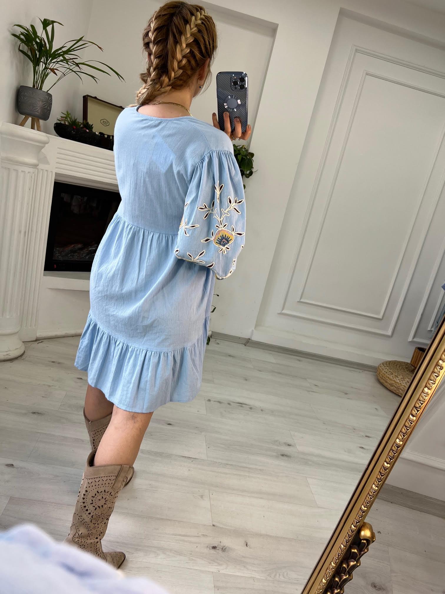 2749 Kolları Nakış Elbise BEBE MAVİ