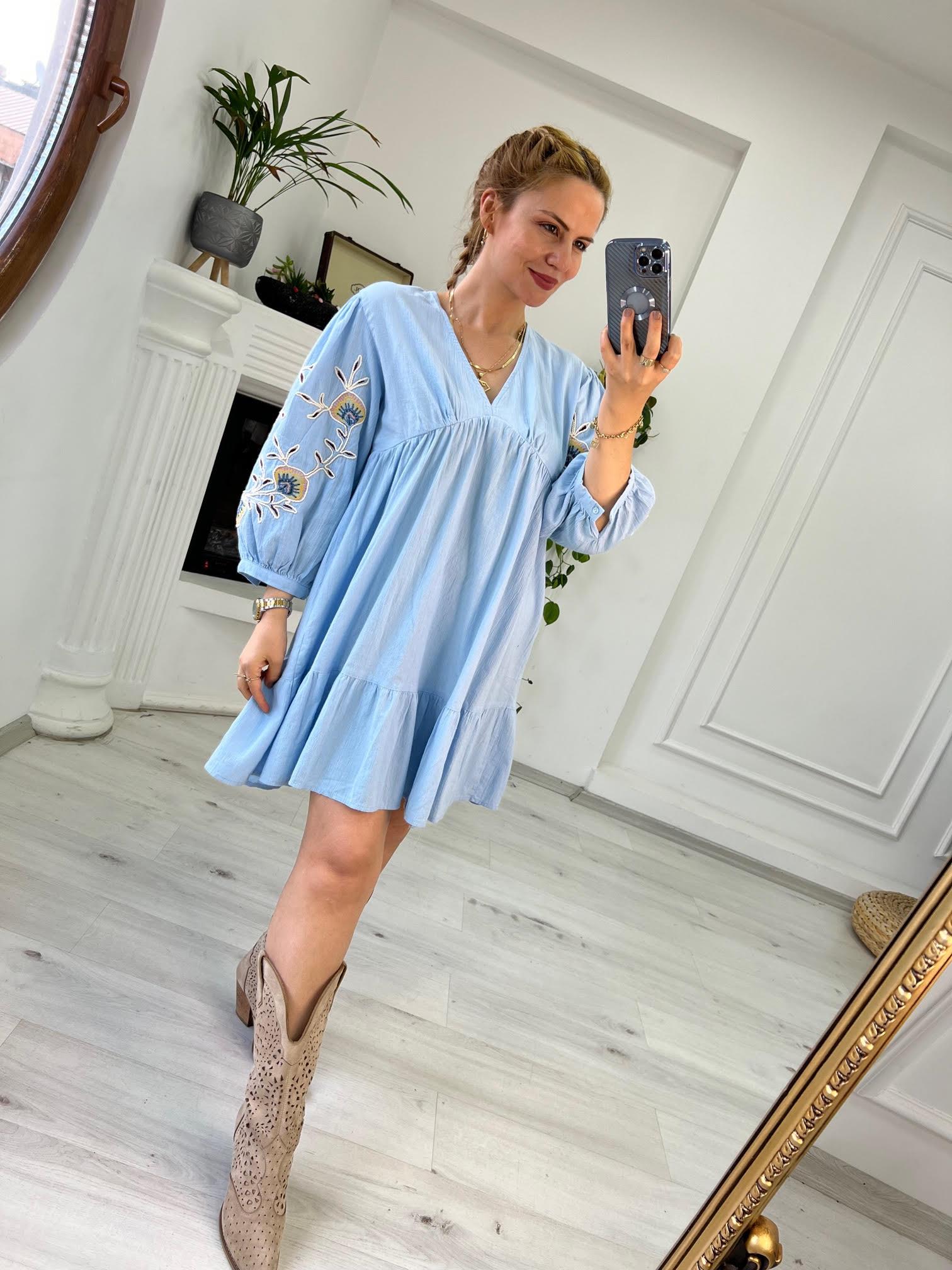2749 Kolları Nakış Elbise BEBE MAVİ