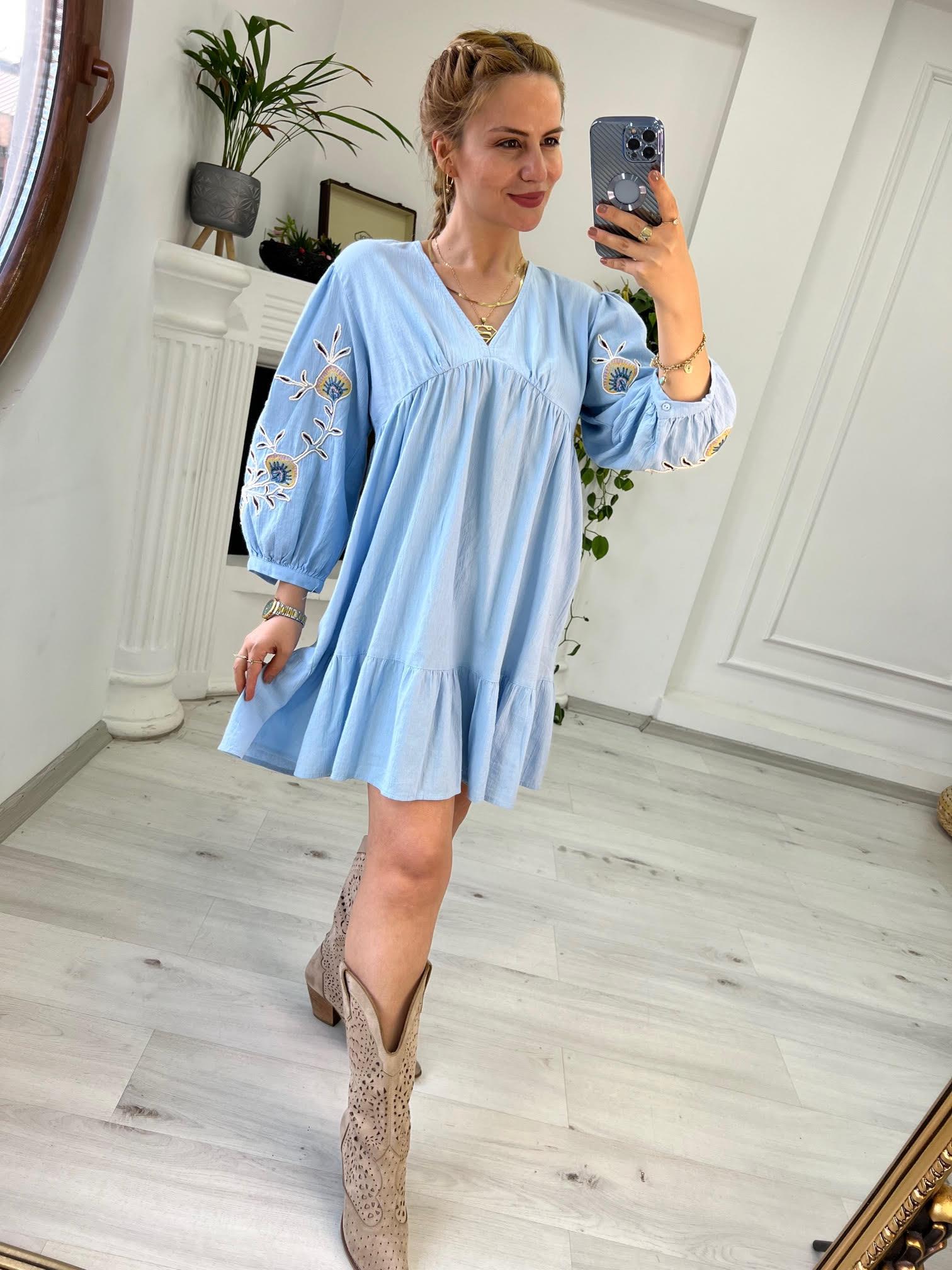 2749 Kolları Nakış Elbise BEBE MAVİ