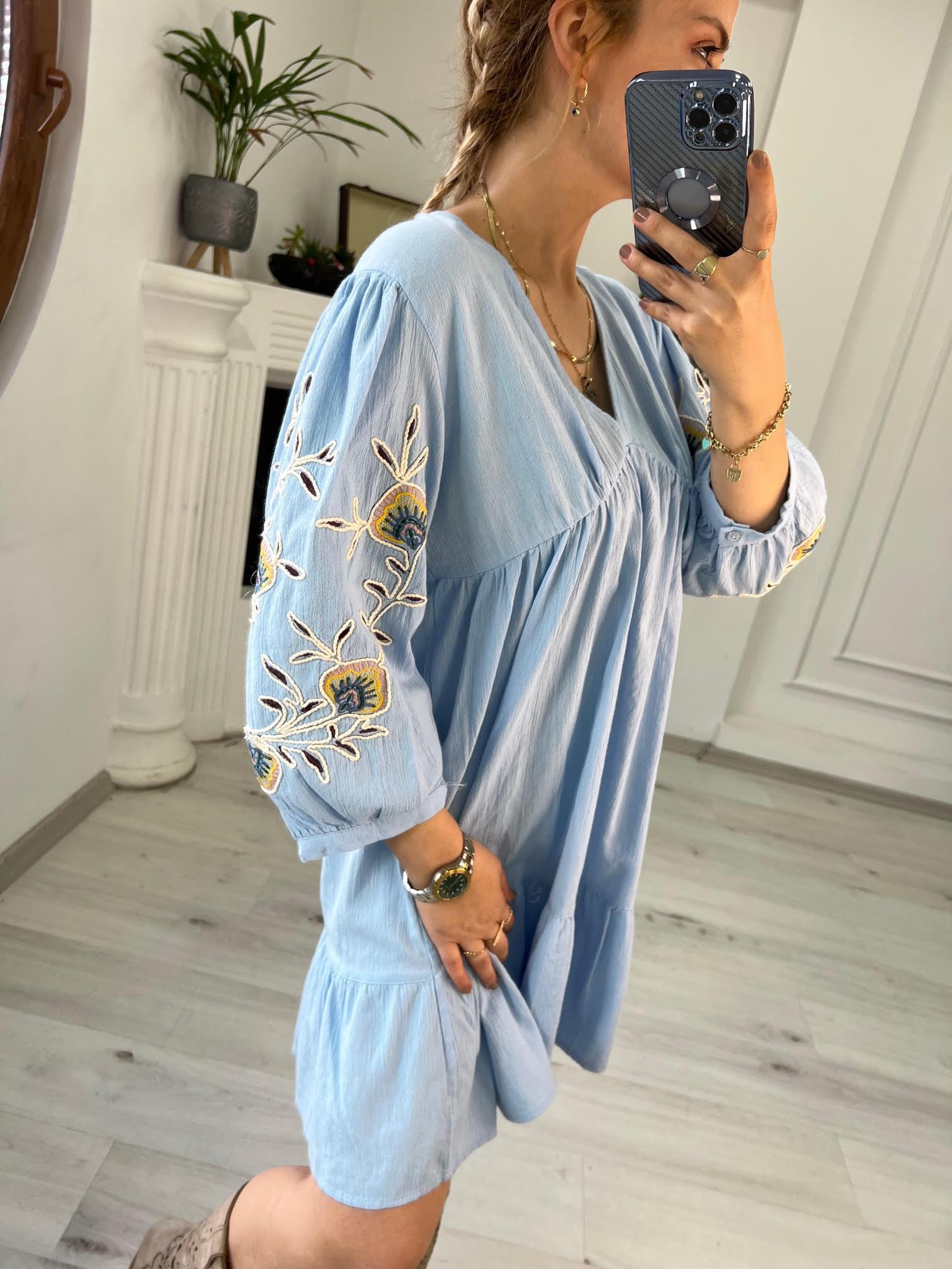 2749 Kolları Nakış Elbise BEBE MAVİ