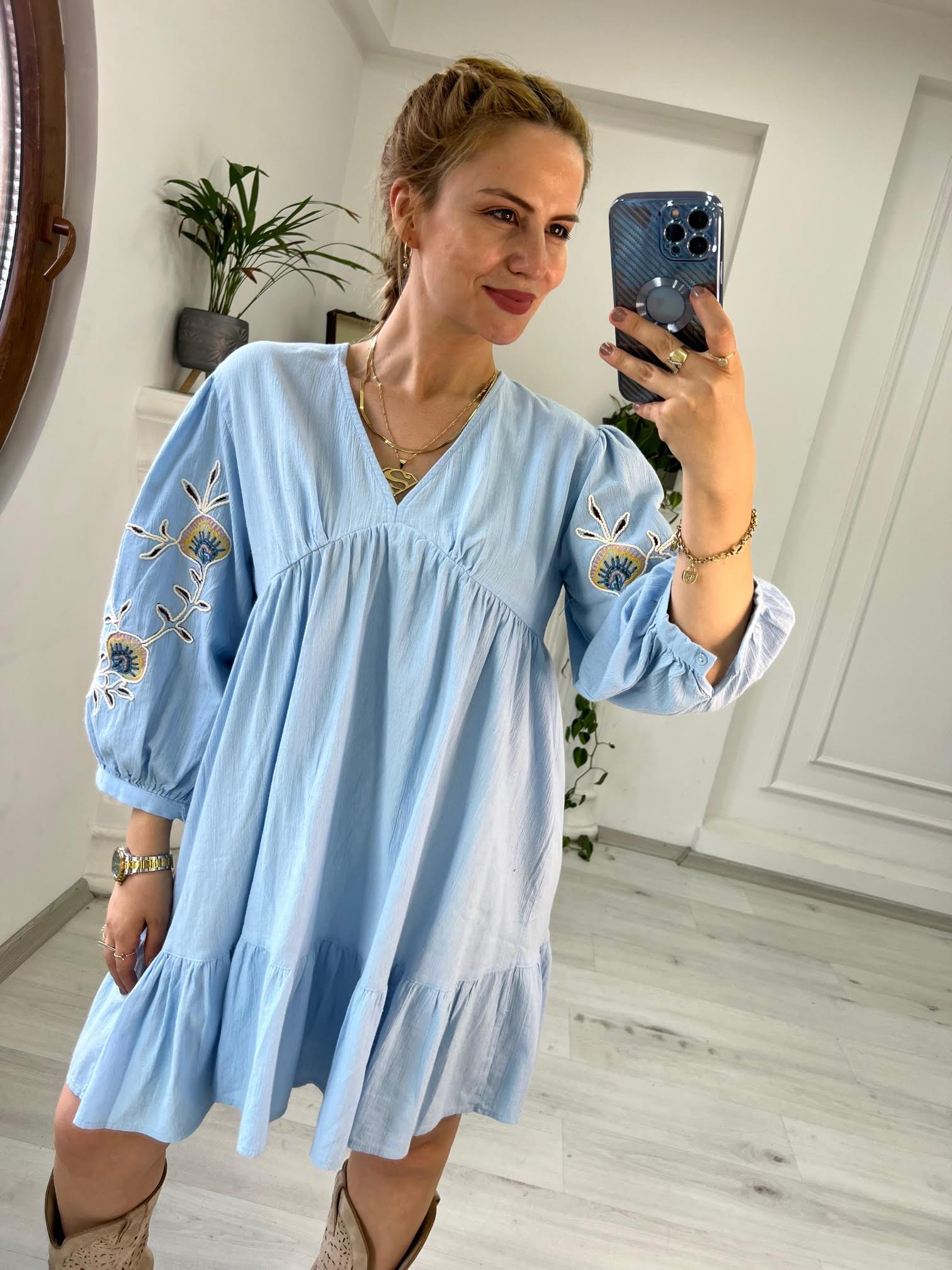 2749 Kolları Nakış Elbise BEBE MAVİ