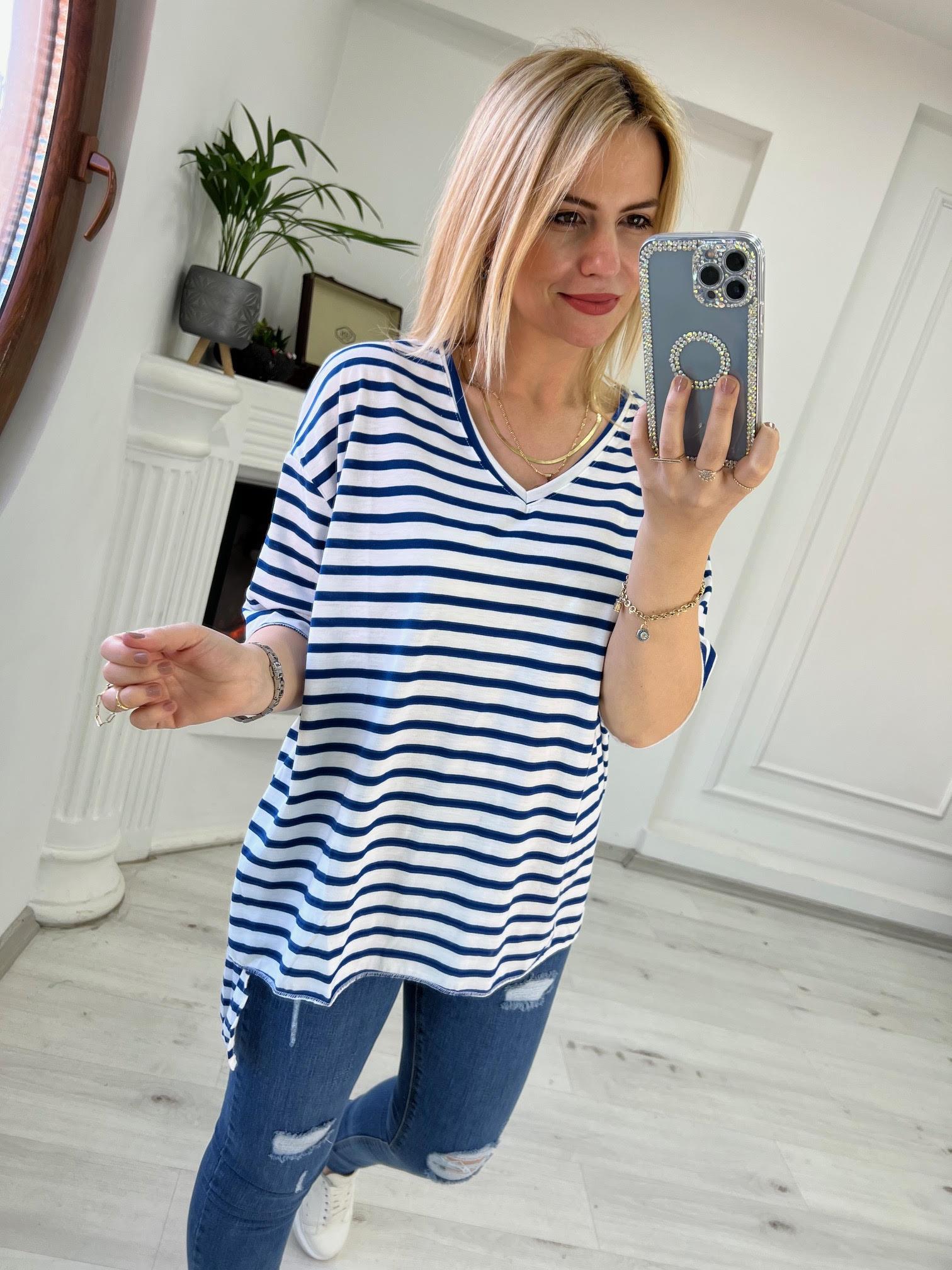 27491 Çizgili V Yaka Basic Bluz SAKS