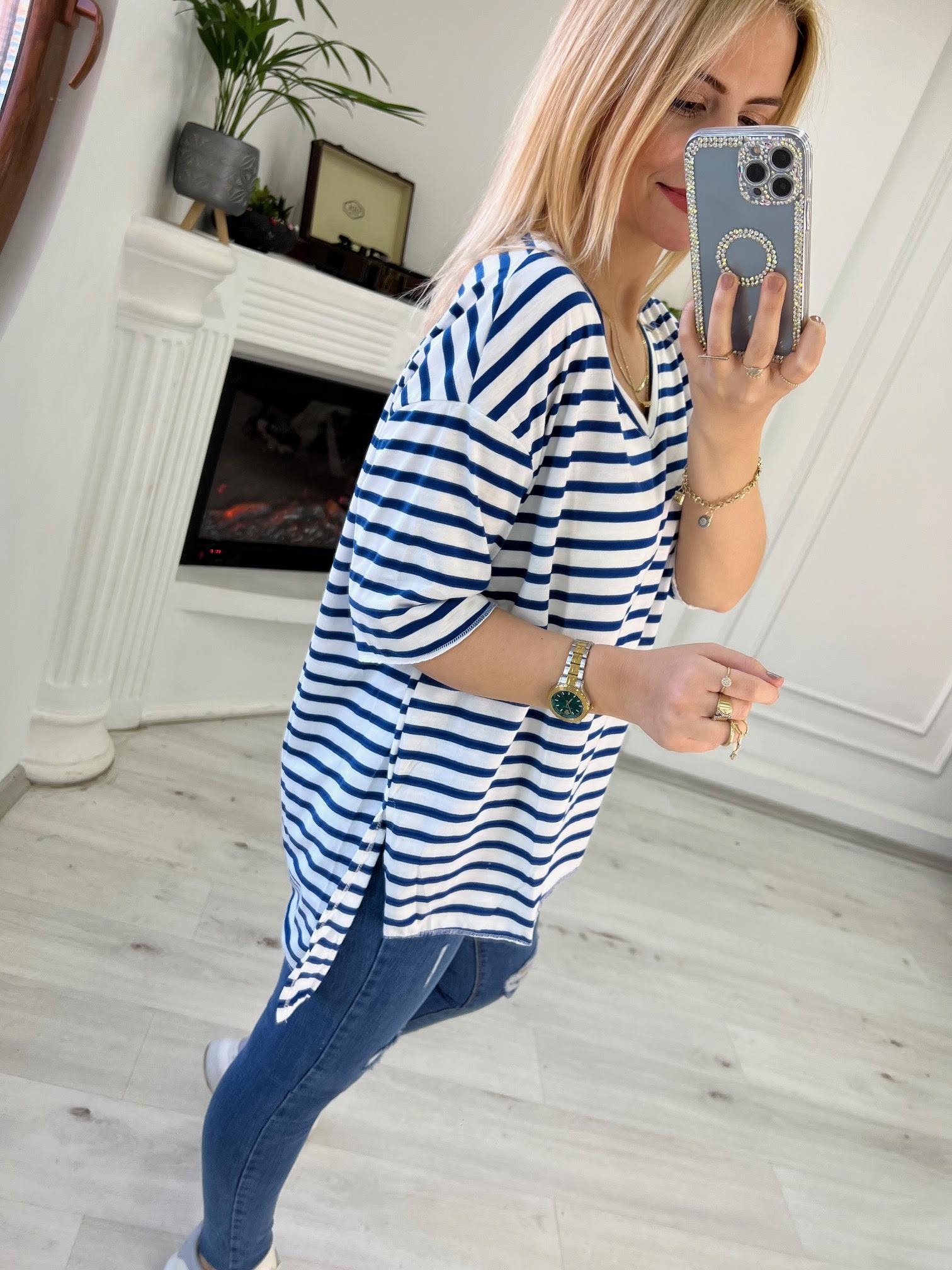 27491 Çizgili V Yaka Basic Bluz SAKS