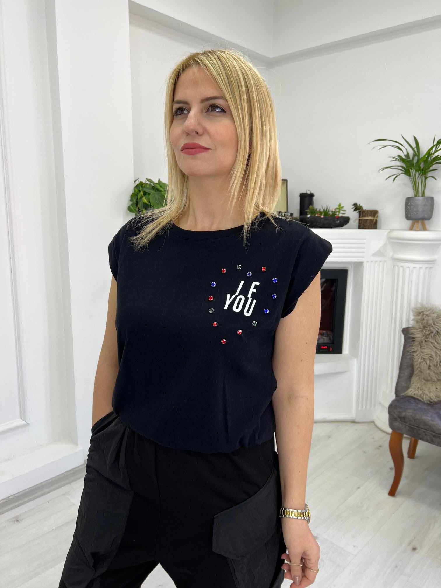 27506 Taş Detaylı Tshirt SİYAH