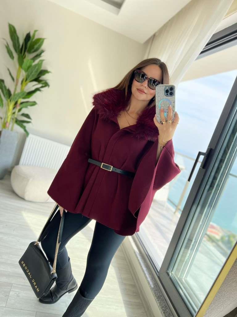 2805 Peluş Yaka Kemerli Panço BORDO