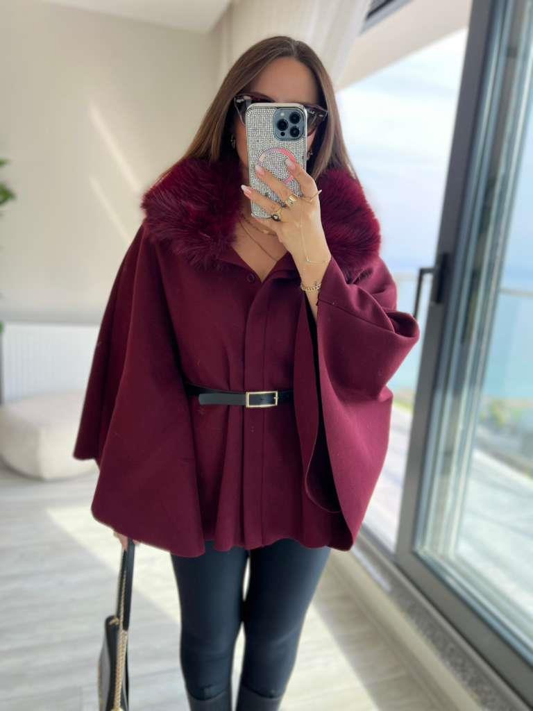 2805 Peluş Yaka Kemerli Panço BORDO