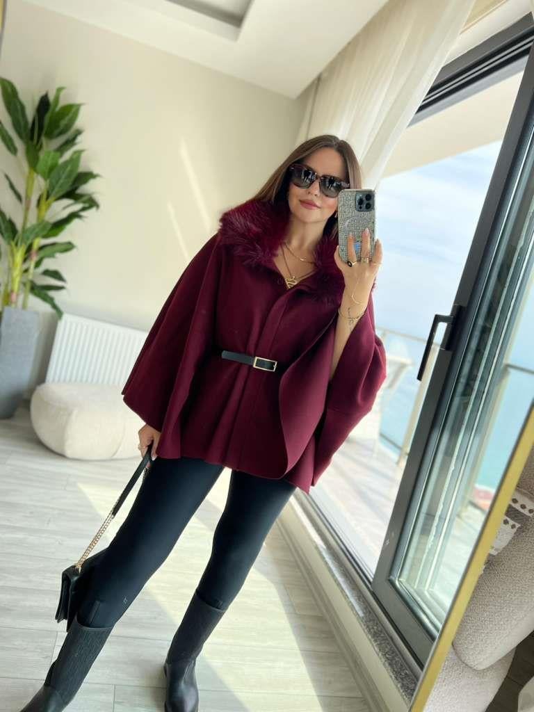 2805 Peluş Yaka Kemerli Panço BORDO