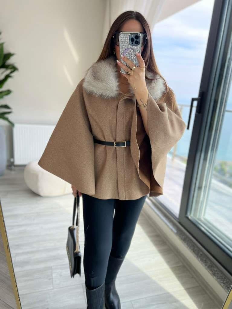 2805 Peluş Yaka Kemerli Panço CAMEL