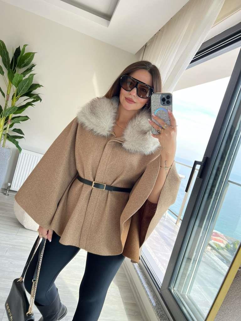 2805 Peluş Yaka Kemerli Panço CAMEL