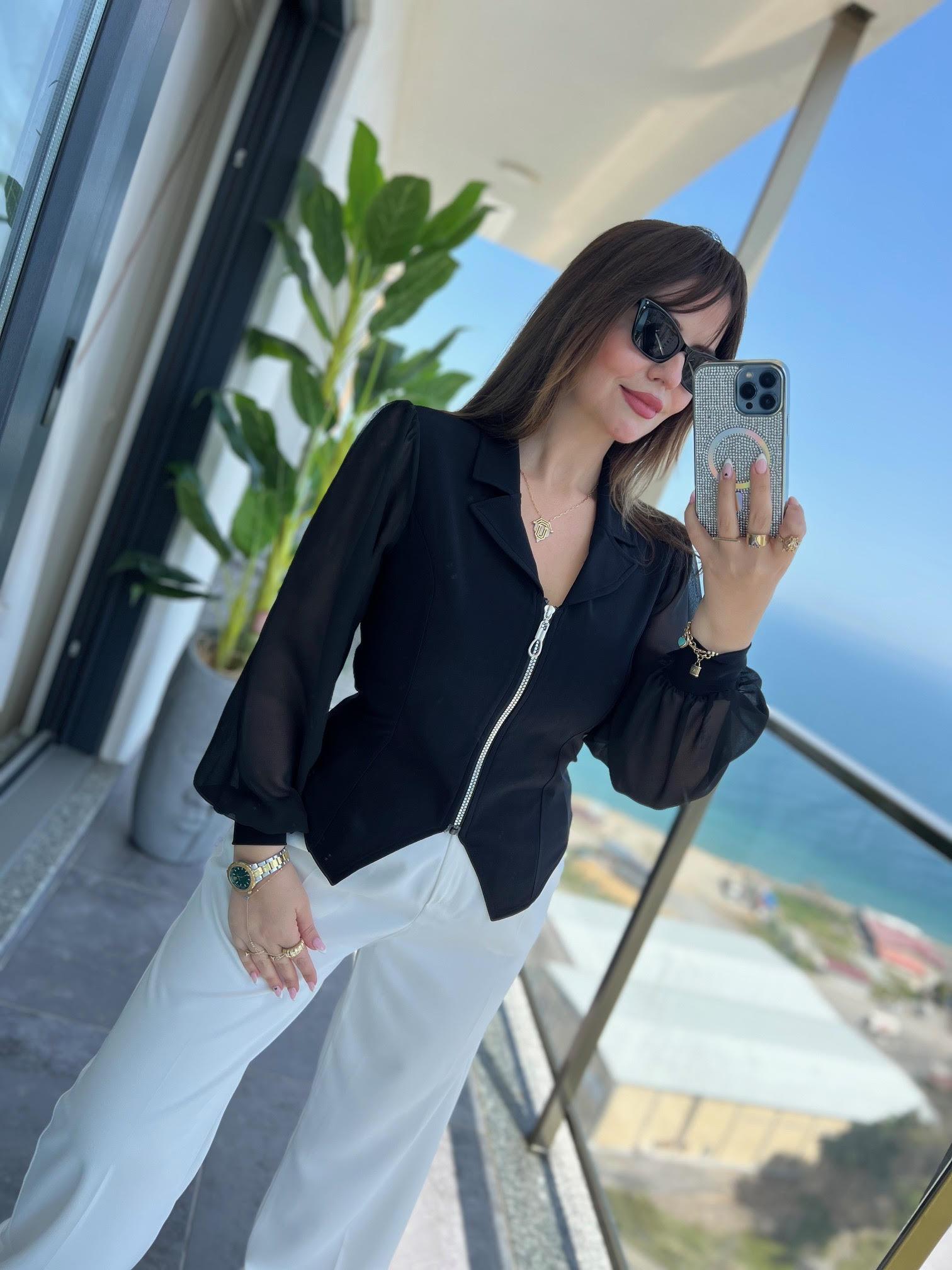 2841 Fermuarlı Bluz SİYAH