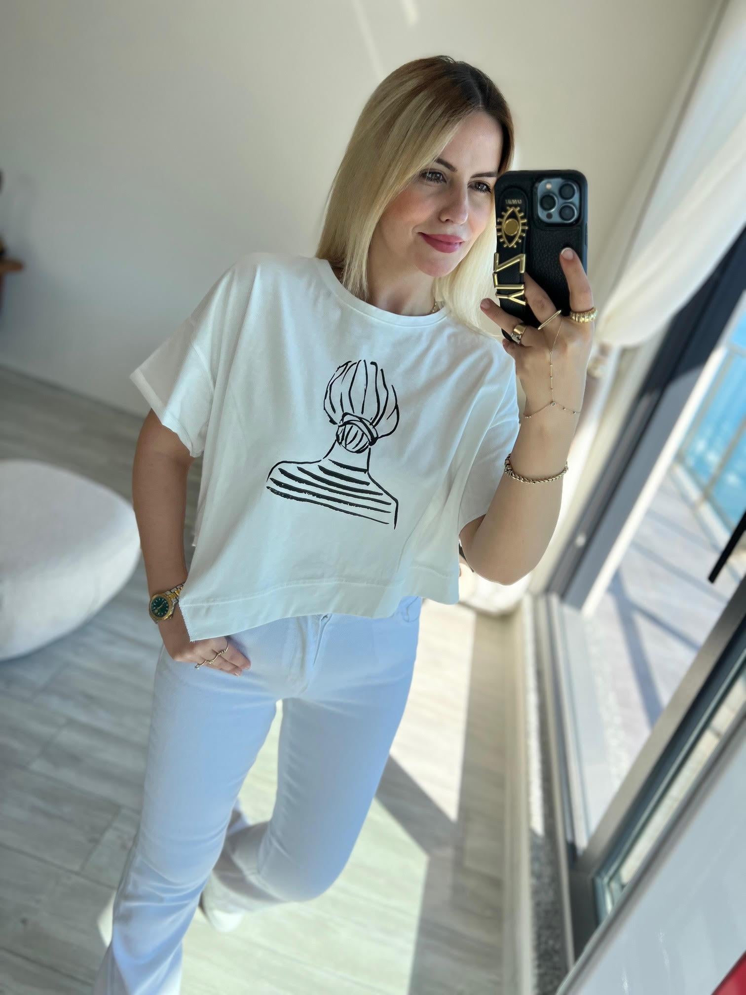 28444 Baskılı Tshirt EKRU