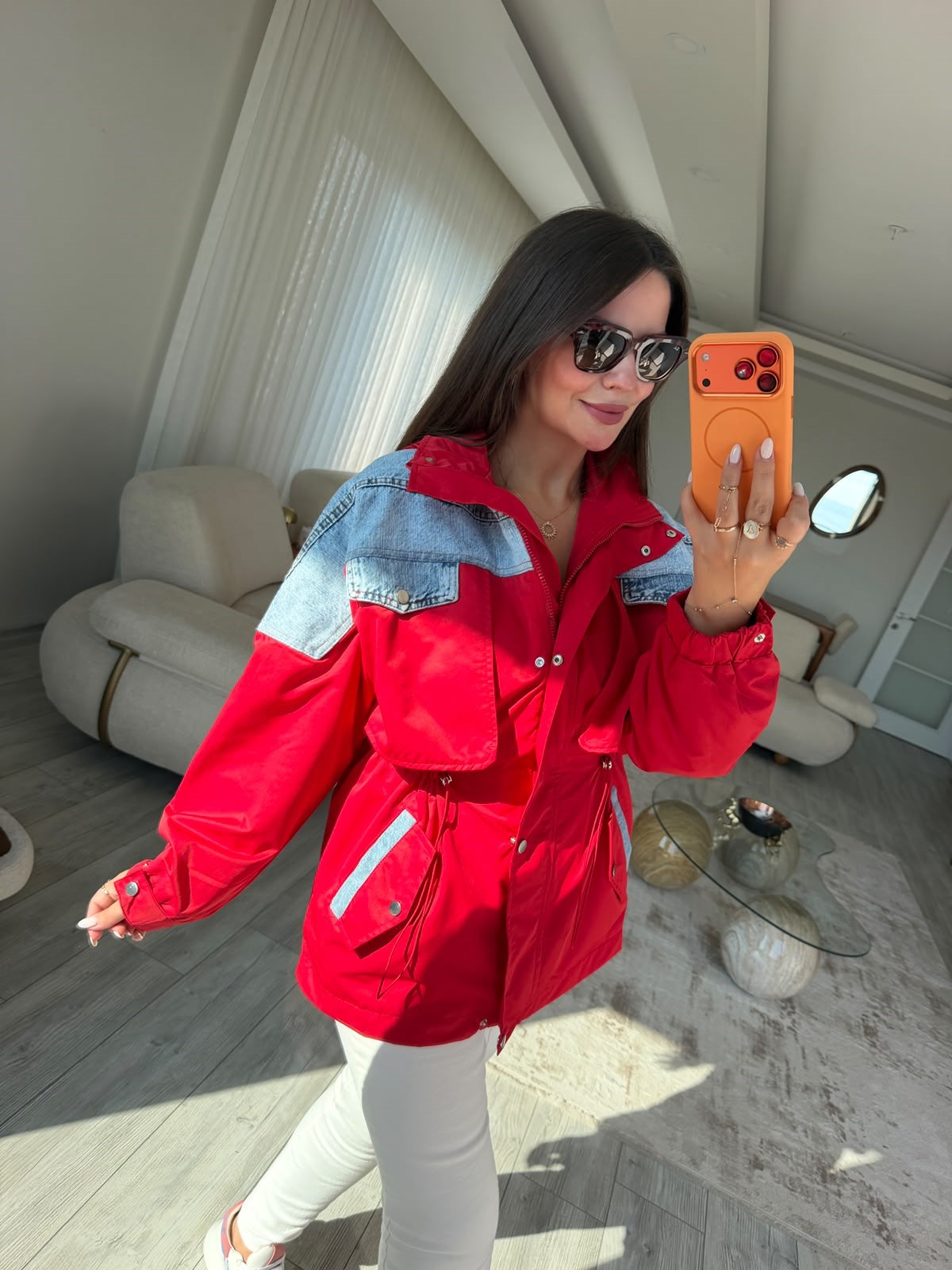 2848 Denim Mıx Uzun Yağmurluk KIRMIZI