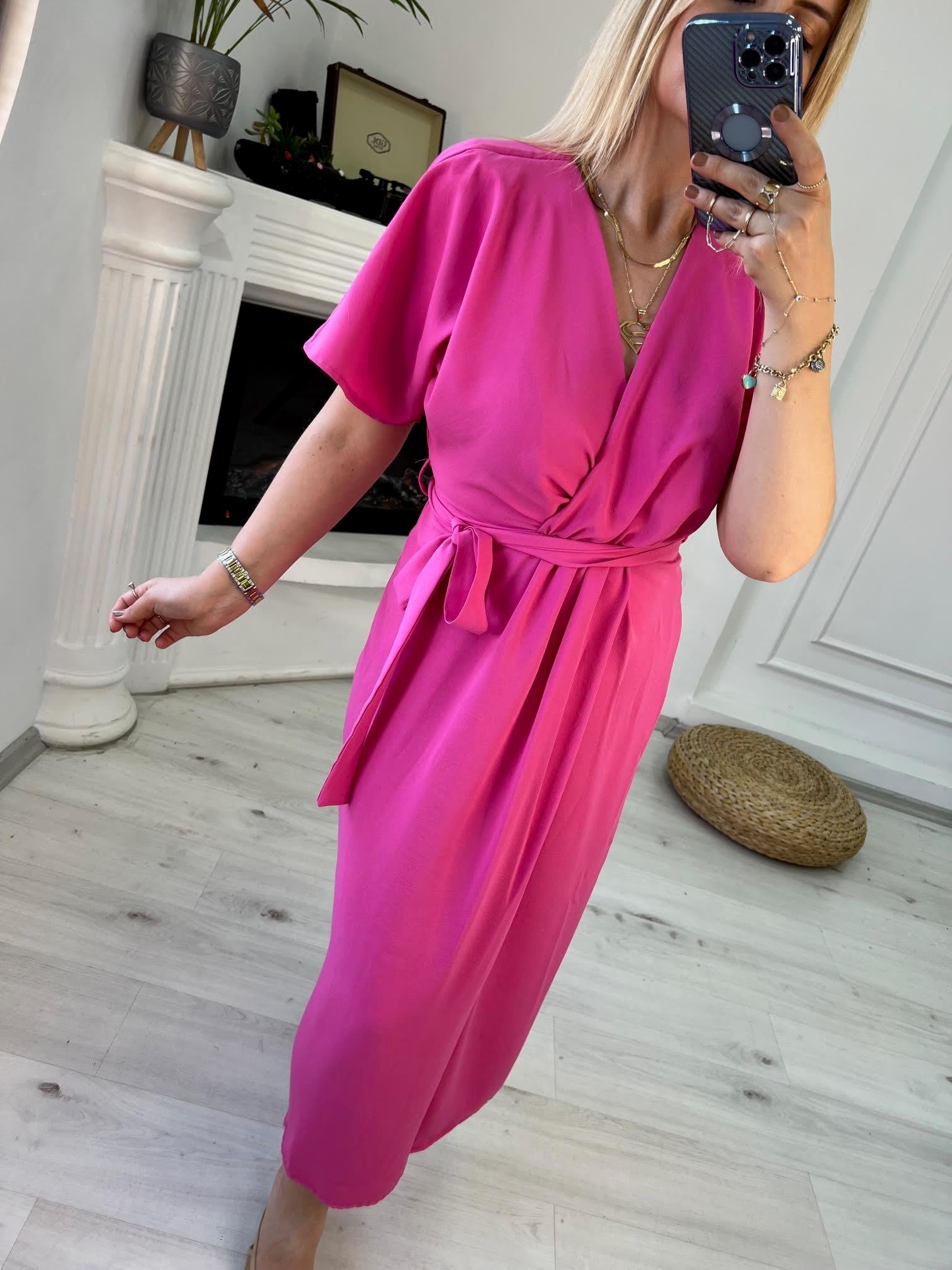 2930 Bel Detaylı Yarasa Elbise PEMBE
