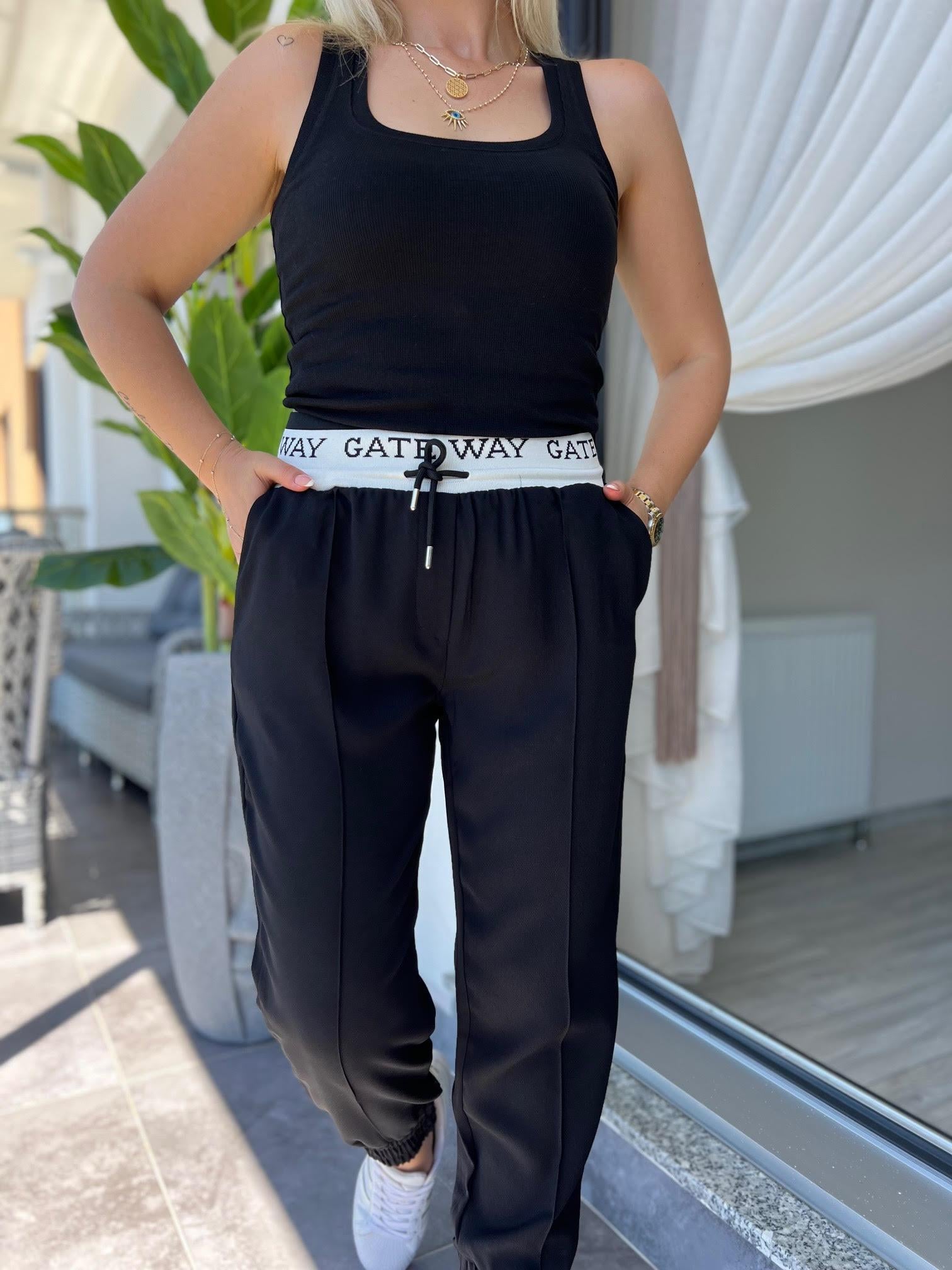 2935 Beli Lastikli Yazılı Pantalon SİYAH