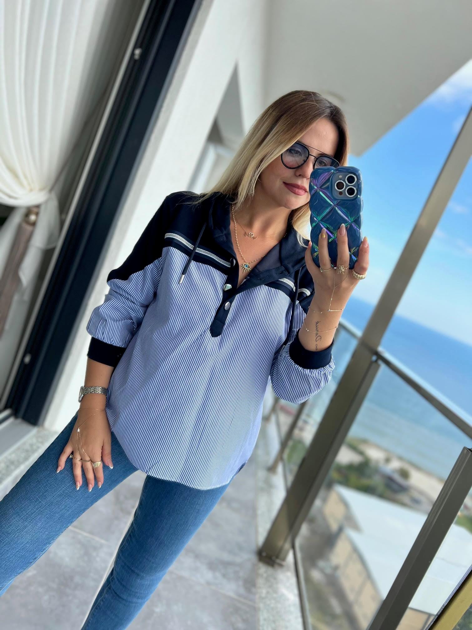 2960 Kapüşonlu Sweat Detay Gömlek LACİVERT