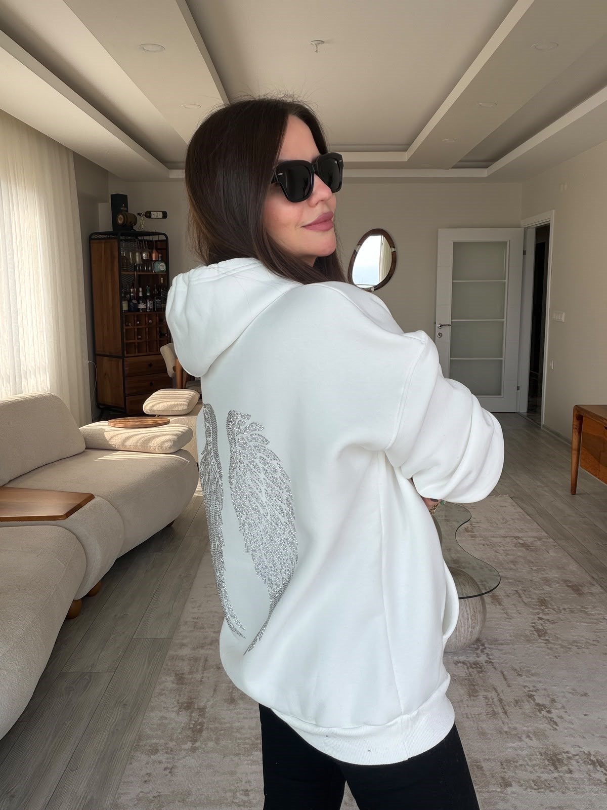 3004 Kanat Taş Kapşonlu Sweat EKRU
