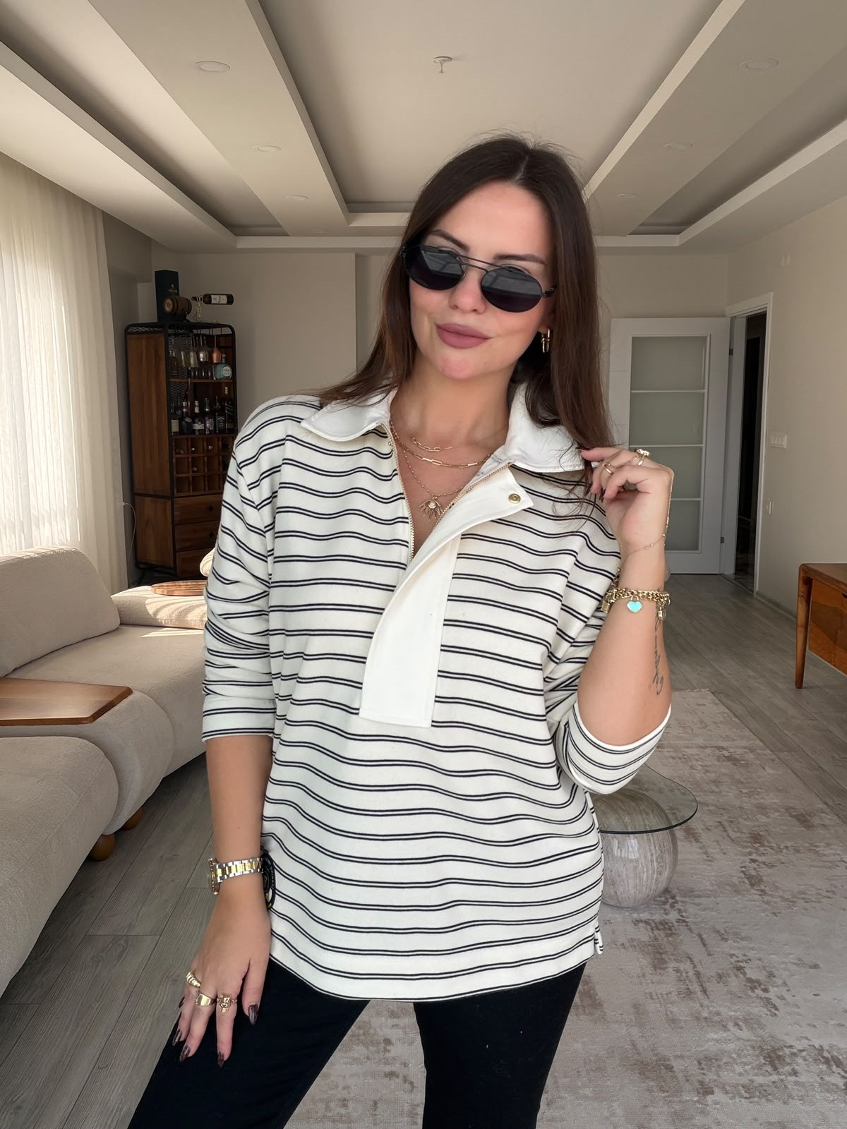 30557 Çizgili Sweat EKRU KAHVE