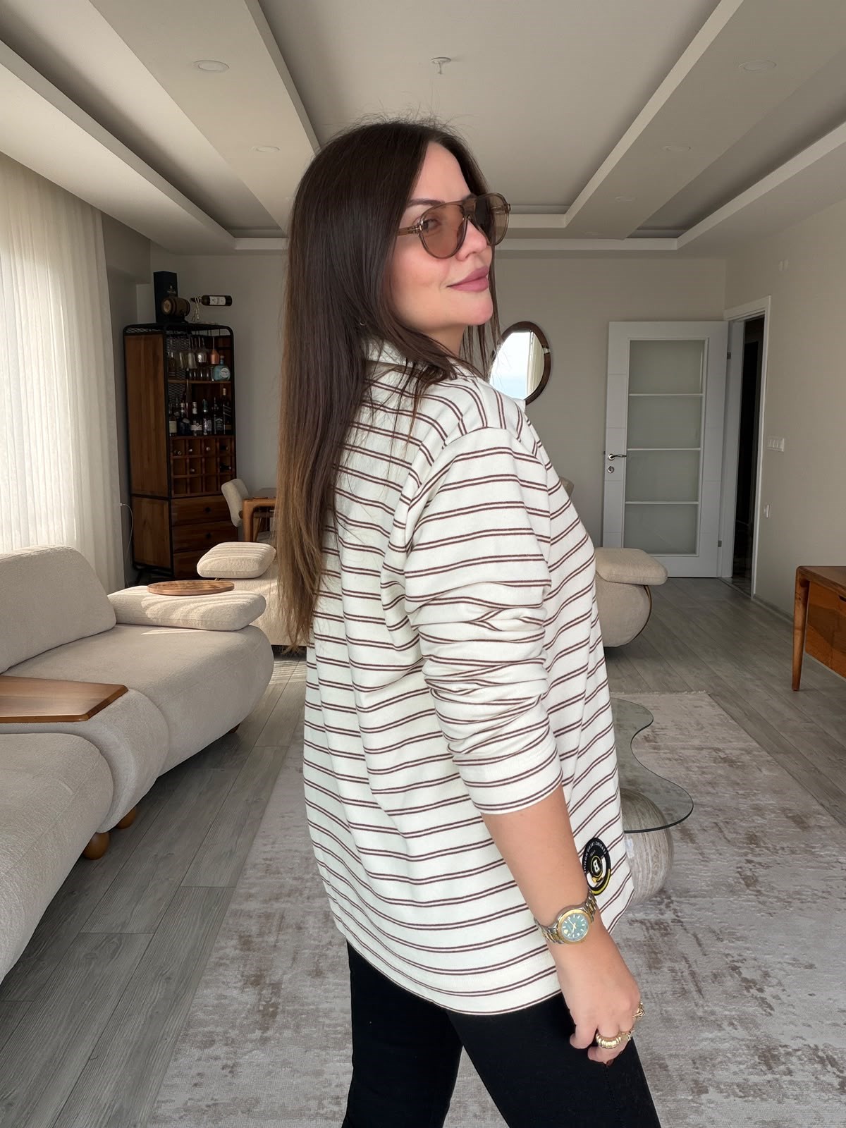 30557 Çizgili Sweat EKRU SİYAH