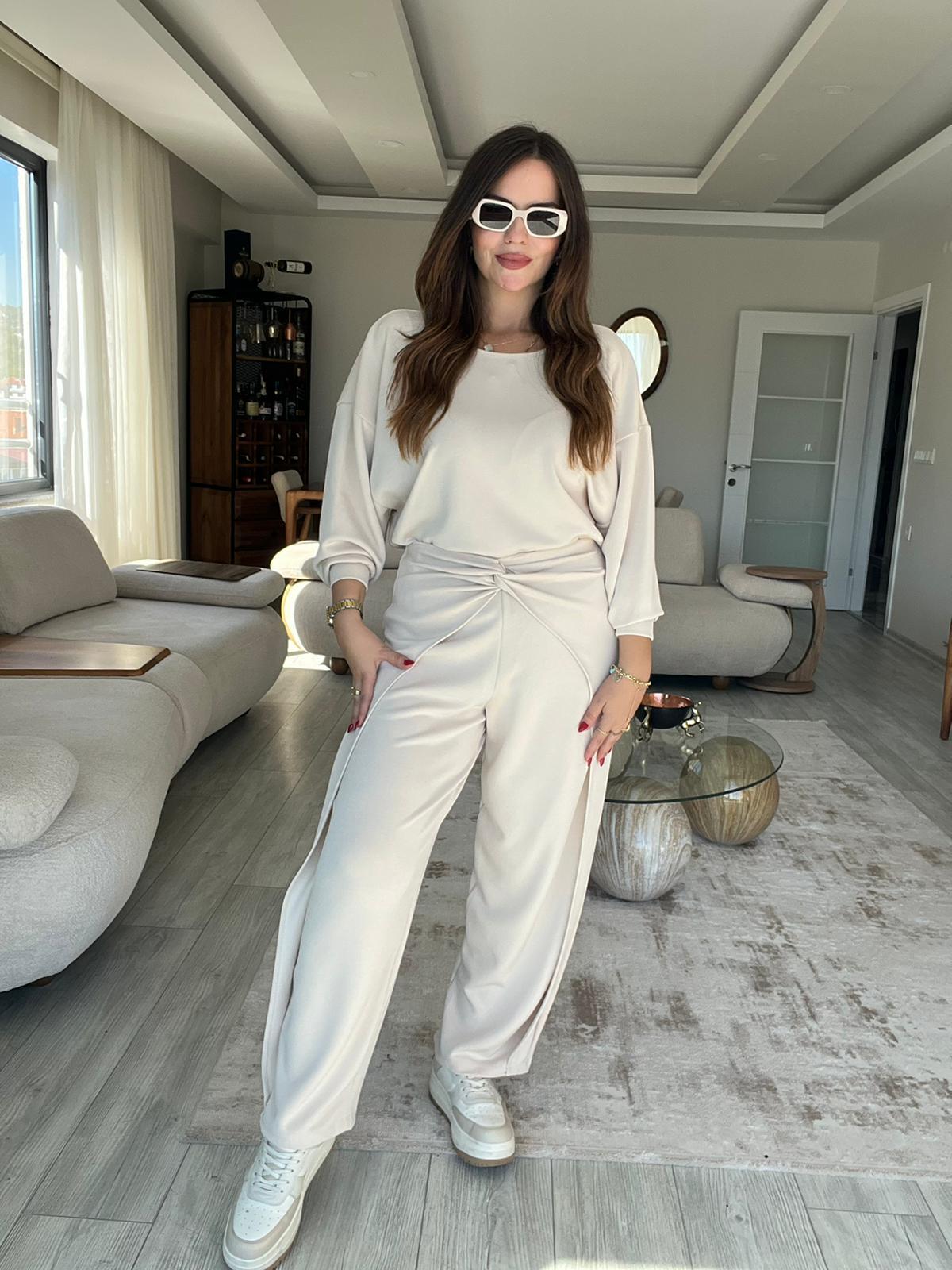 3149 Pantolonu Bluzu Düğüm Detay Takım KREM