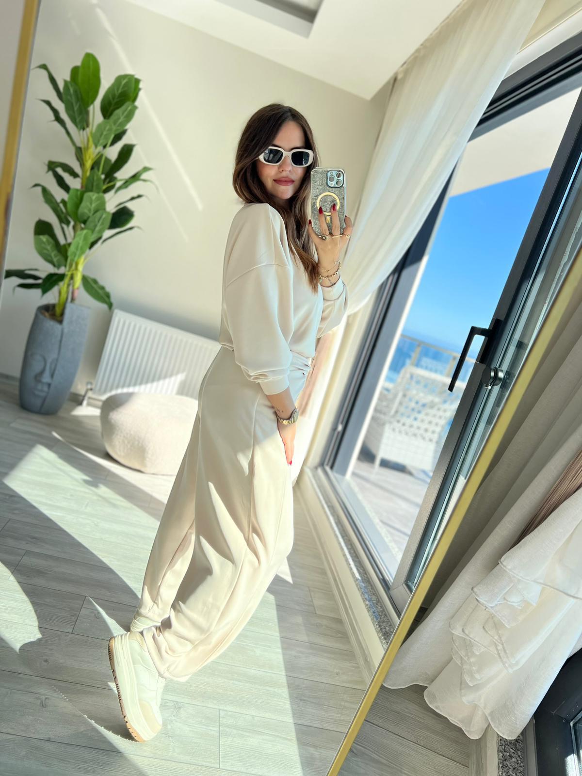 3149 Pantolonu Bluzu Düğüm Detay Takım KREM