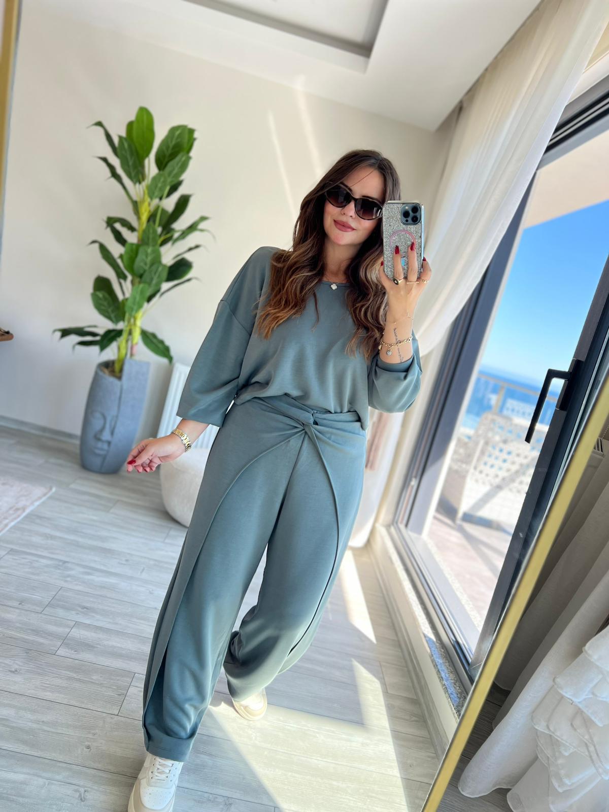 3149 Pantolonu Bluzu Düğüm Detay Takım ÇİMEN YEŞİLİ
