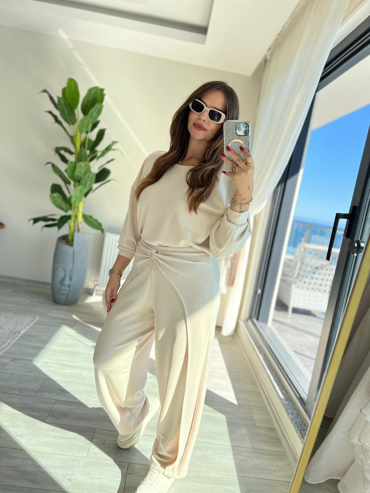 3149 Pantolonu Bluzu Düğüm Detay Takım KREM