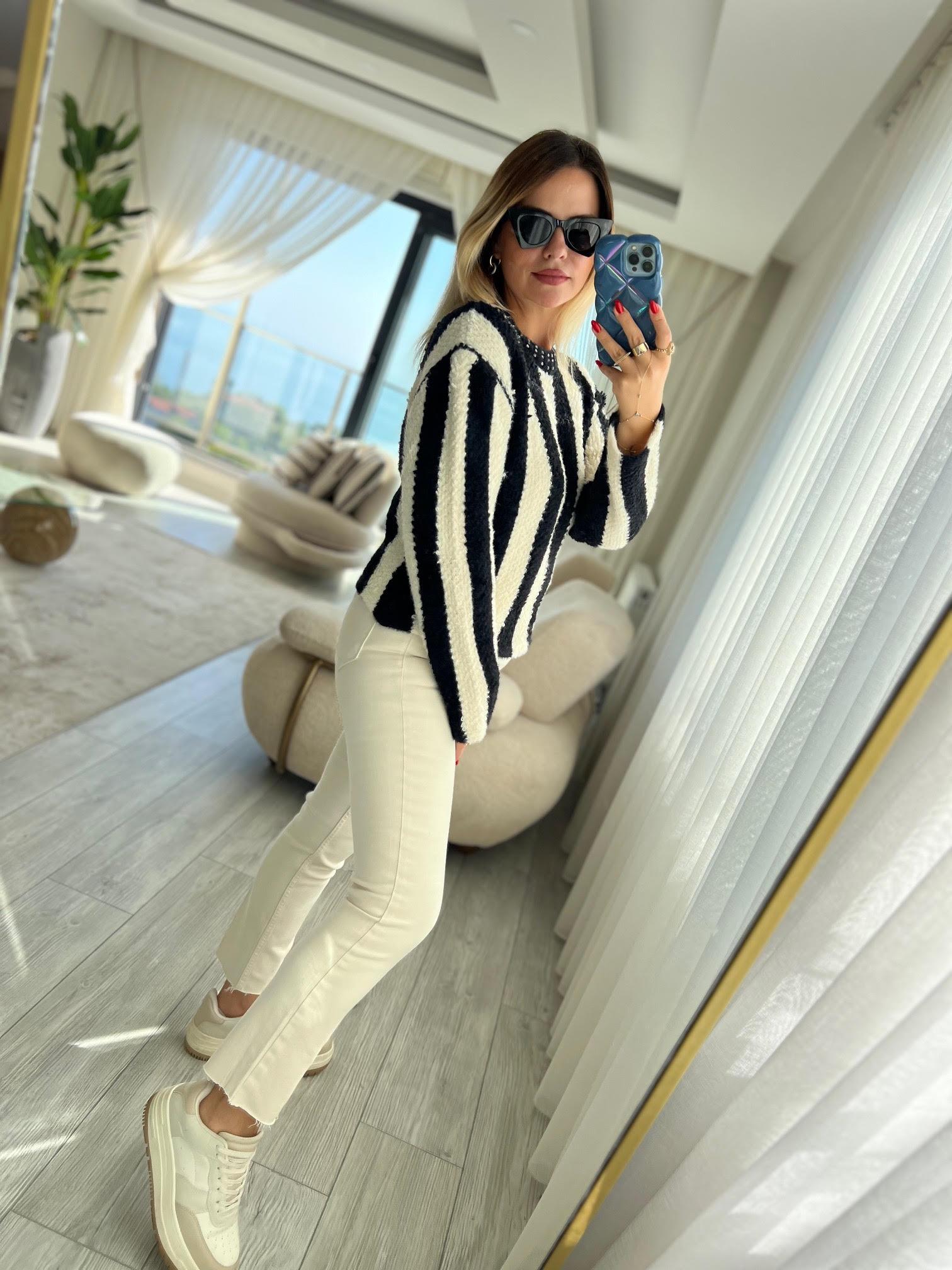 3172 Angora Boyuna Çizgili Crop Kazak SİYAH
