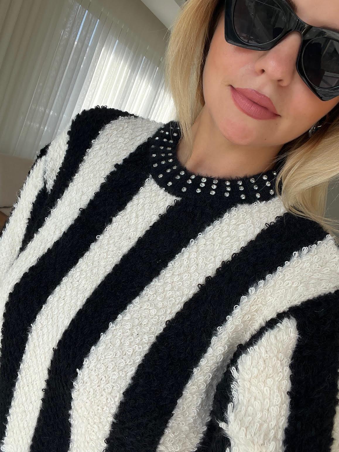 3172 Angora Boyuna Çizgili Crop Kazak SİYAH