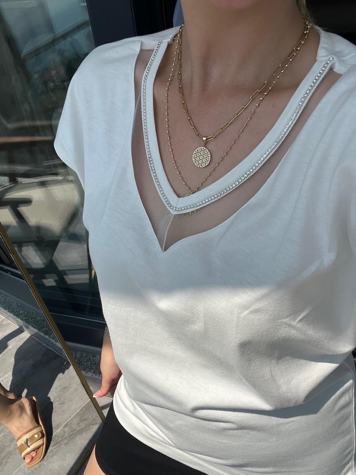 3180 Yakası Taşlı Tshirt TAŞ