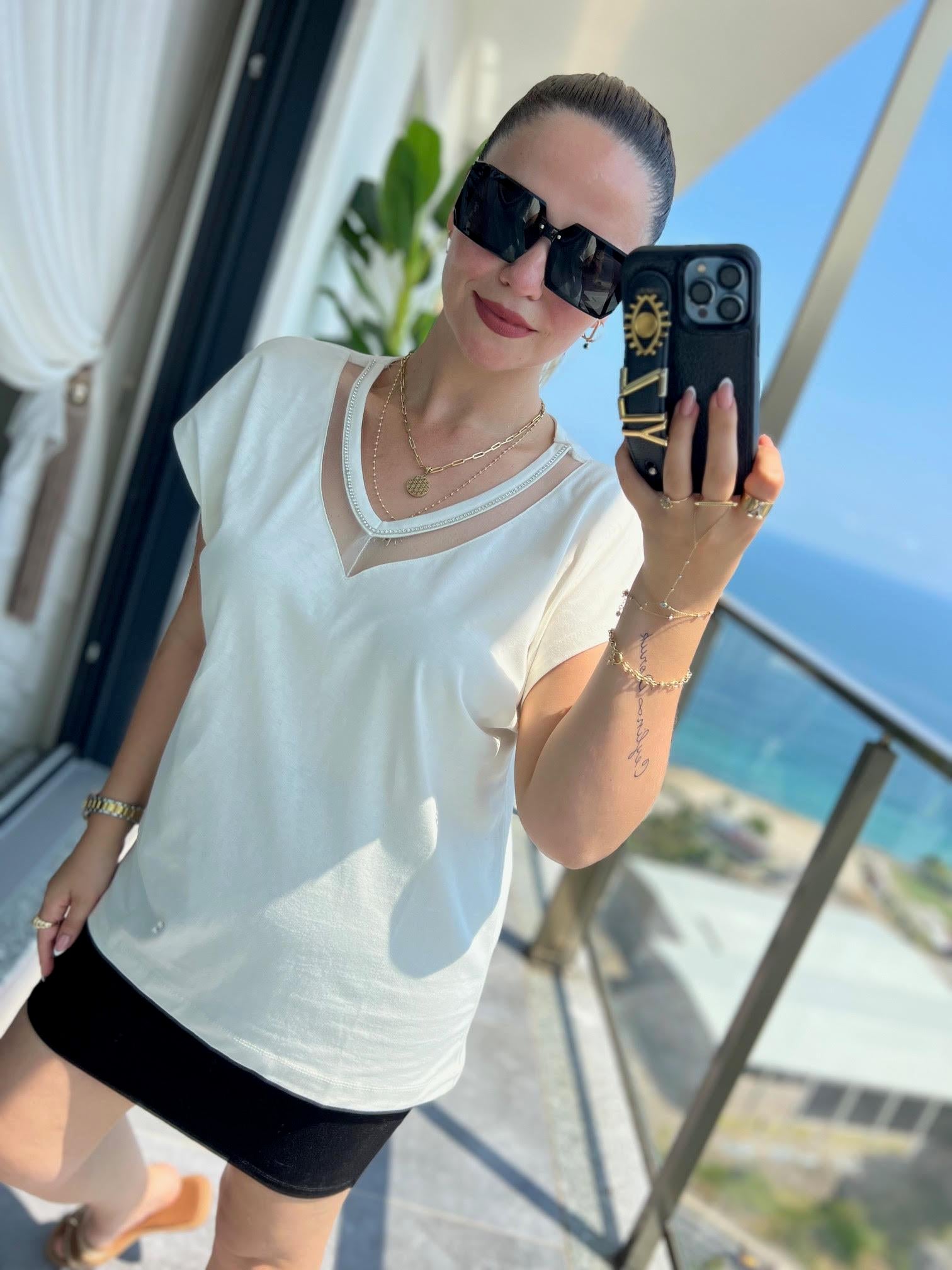 3180 Yakası Taşlı Tshirt TAŞ