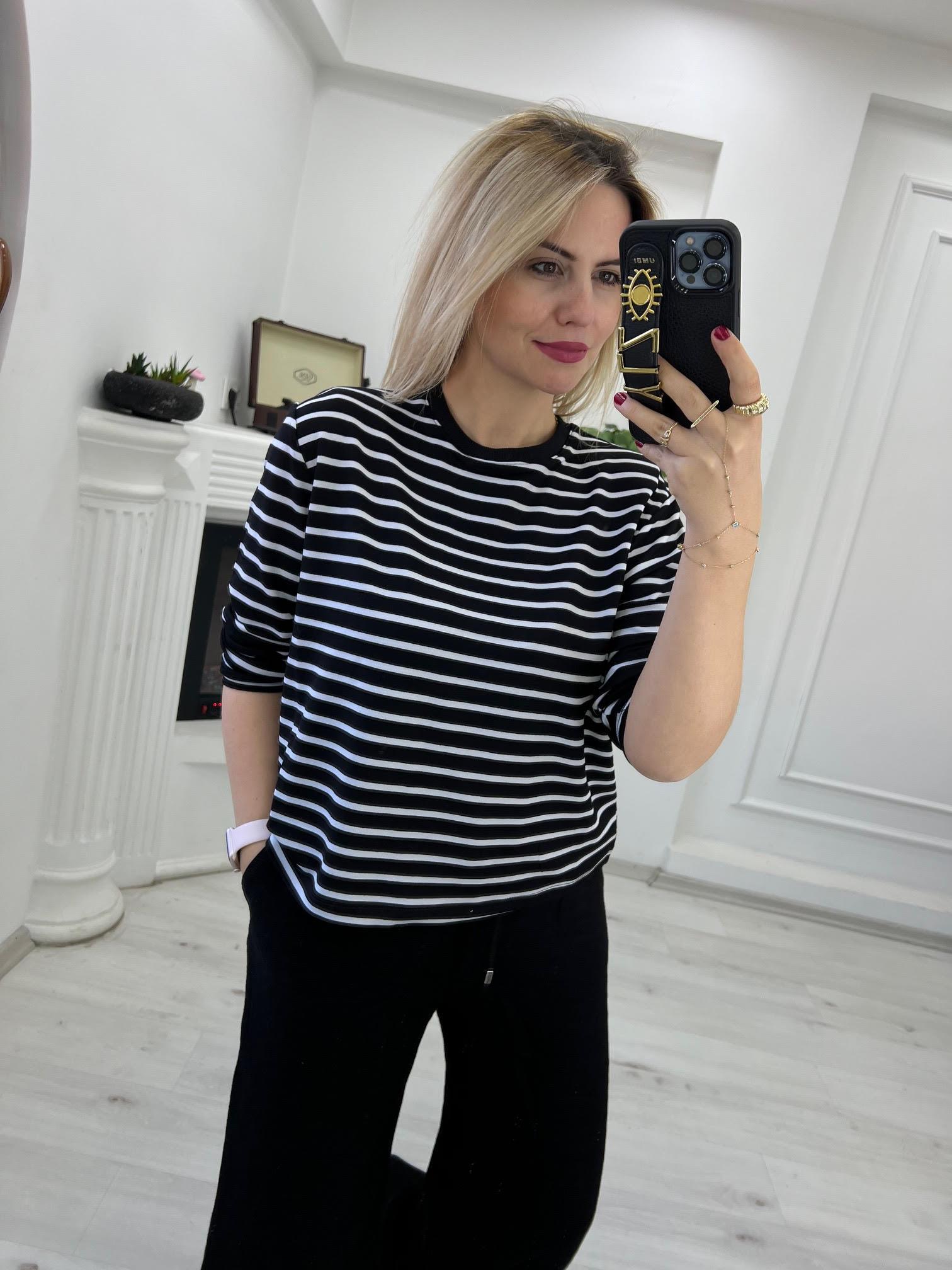 34094 Çizgili Bluz SİYAH