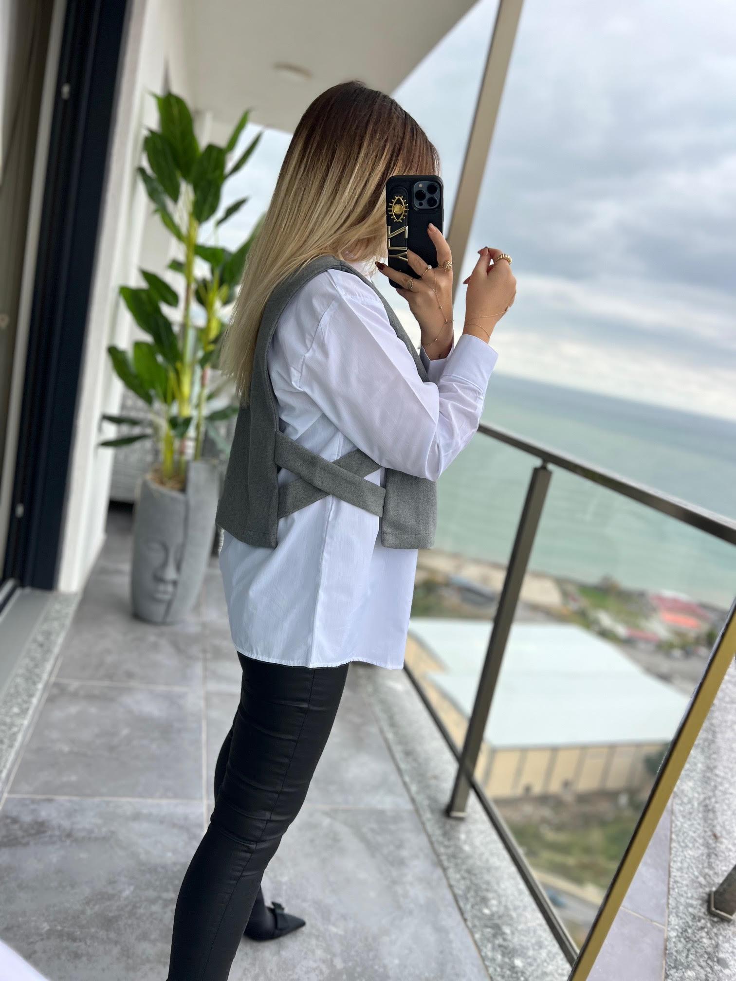 34140 Poplin Gömlekli Kısa Süveter GRİ