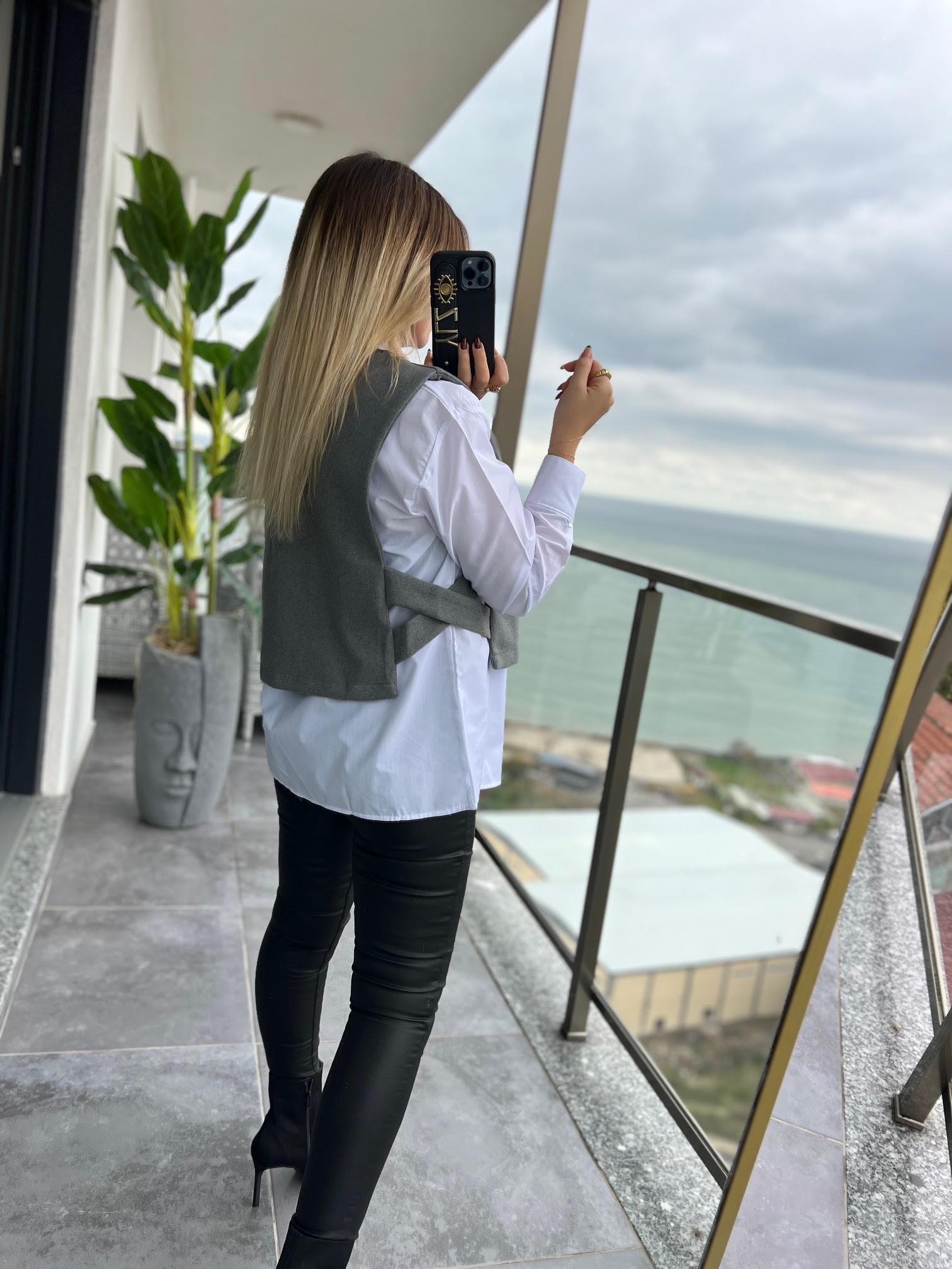 34140 Poplin Gömlekli Kısa Süveter GRİ