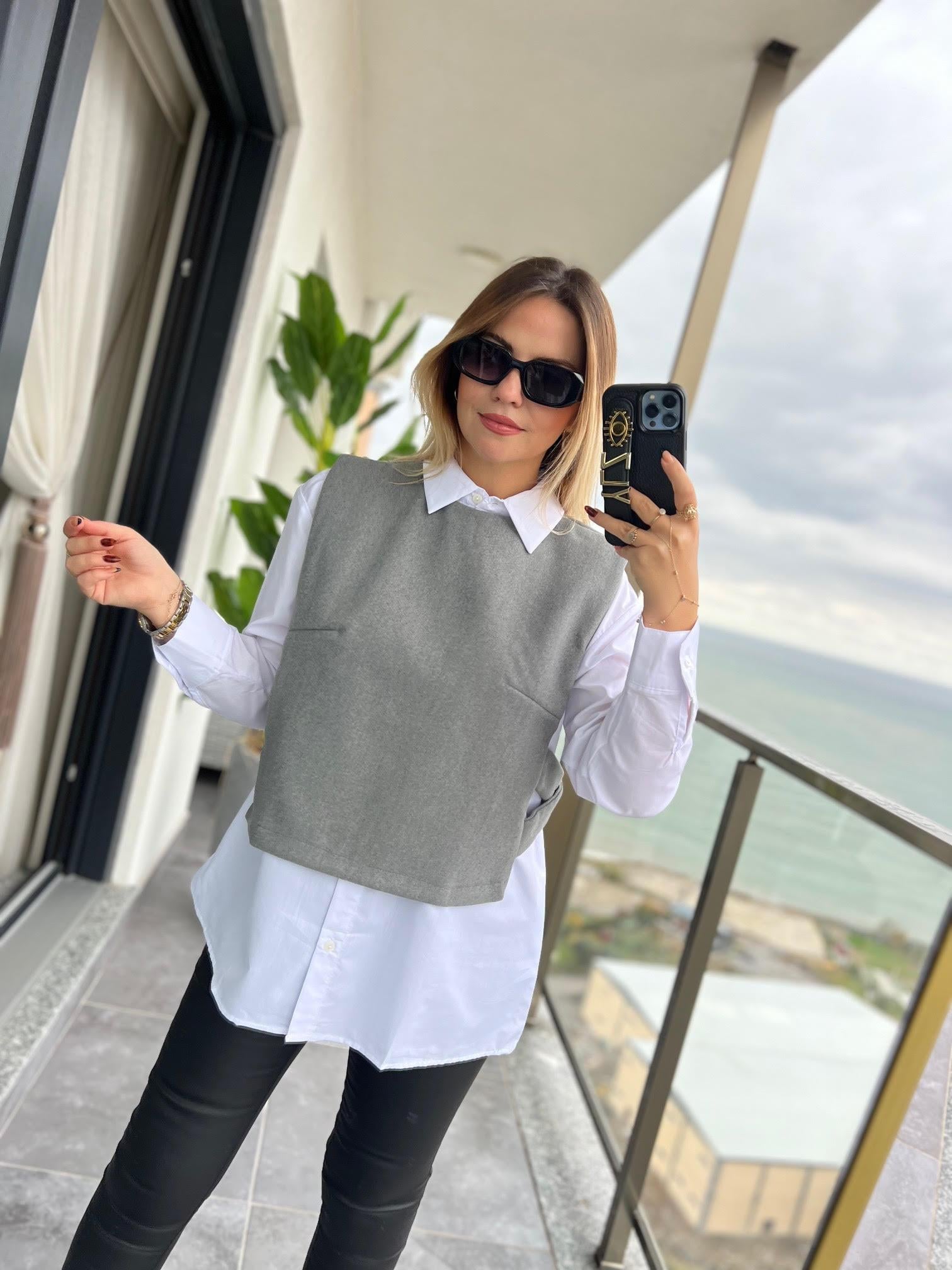 34140 Poplin Gömlekli Kısa Süveter GRİ