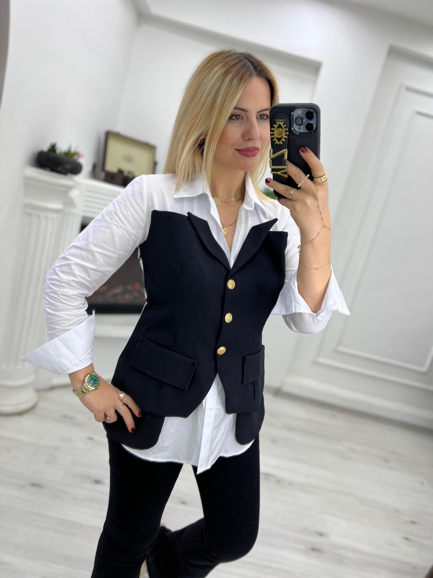 34169 Poplin Garnili Yelekli Bluz SİYAH