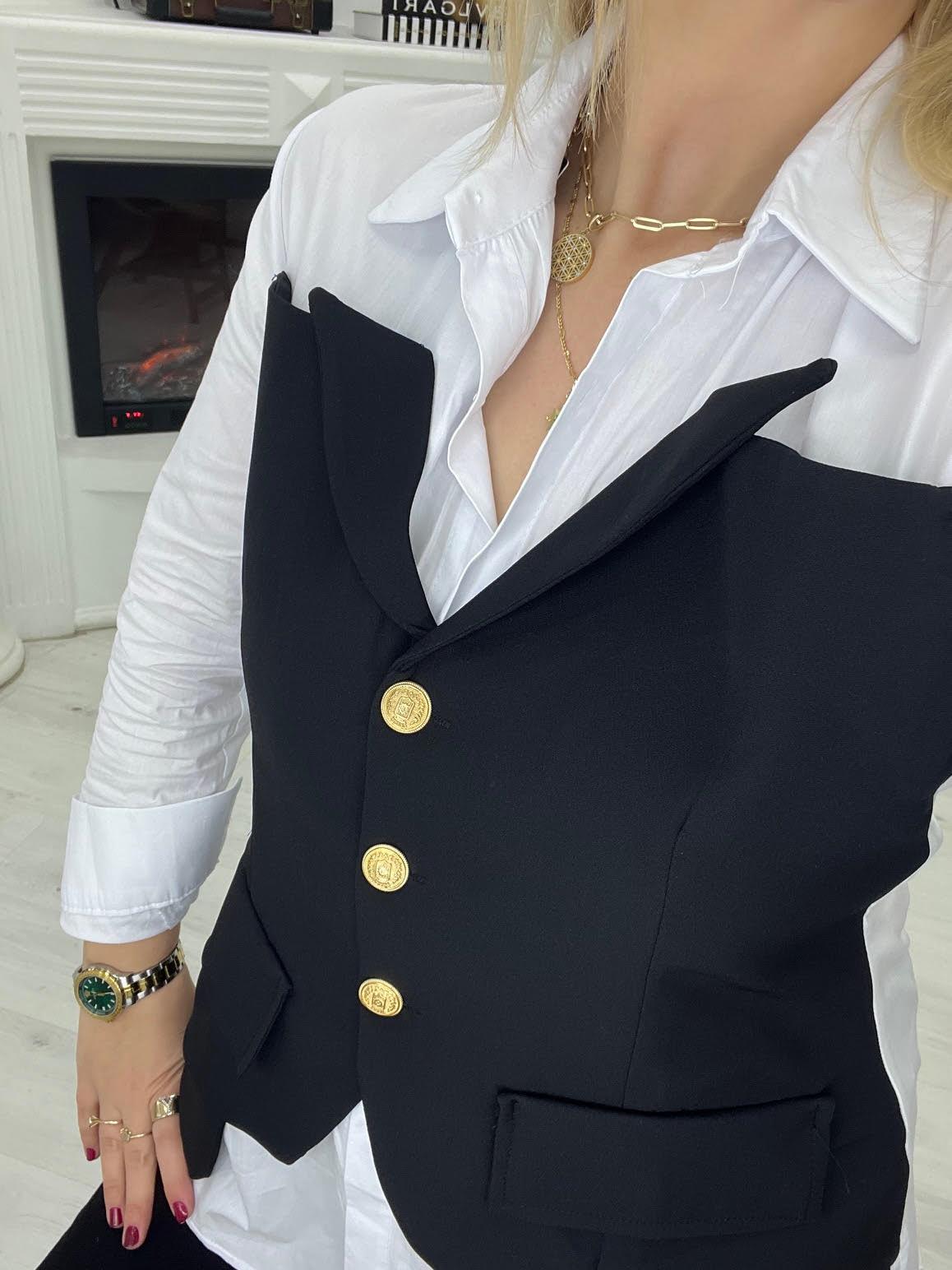 34169 Poplin Garnili Yelekli Bluz SİYAH