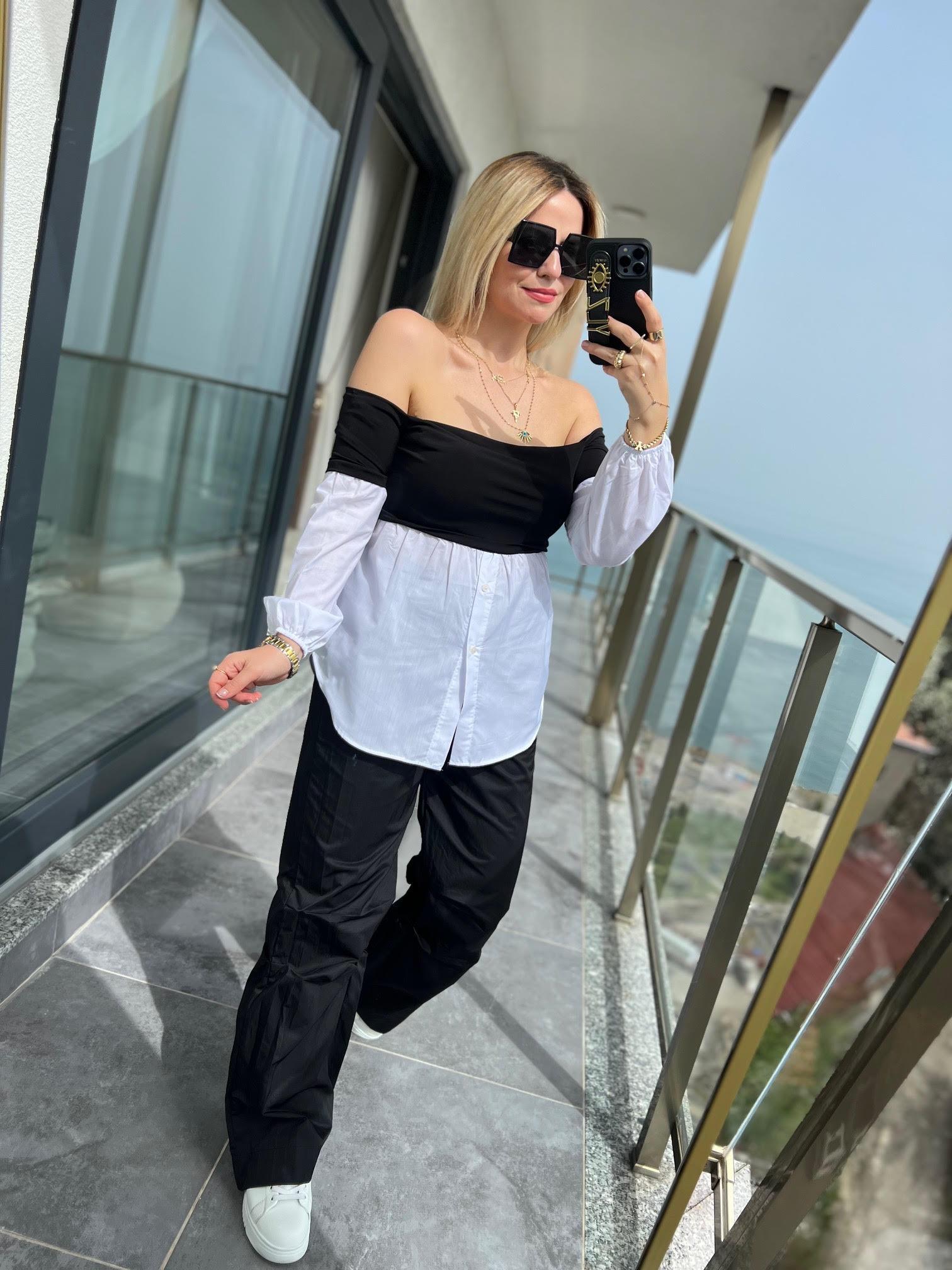 342225 Sandy Kayık Yaka Poplin Garnili Bluz SİYAH