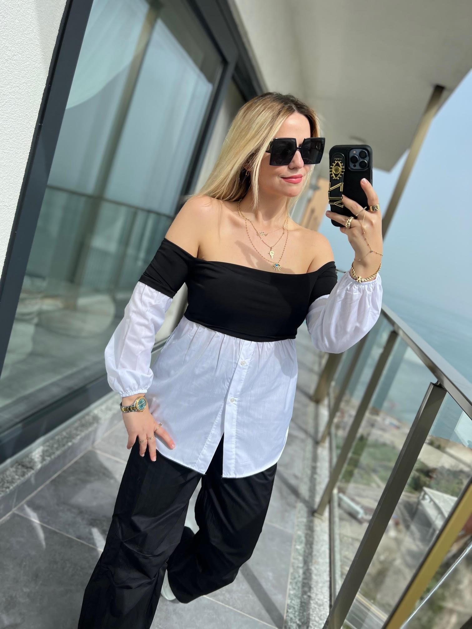 342225 Sandy Kayık Yaka Poplin Garnili Bluz SİYAH