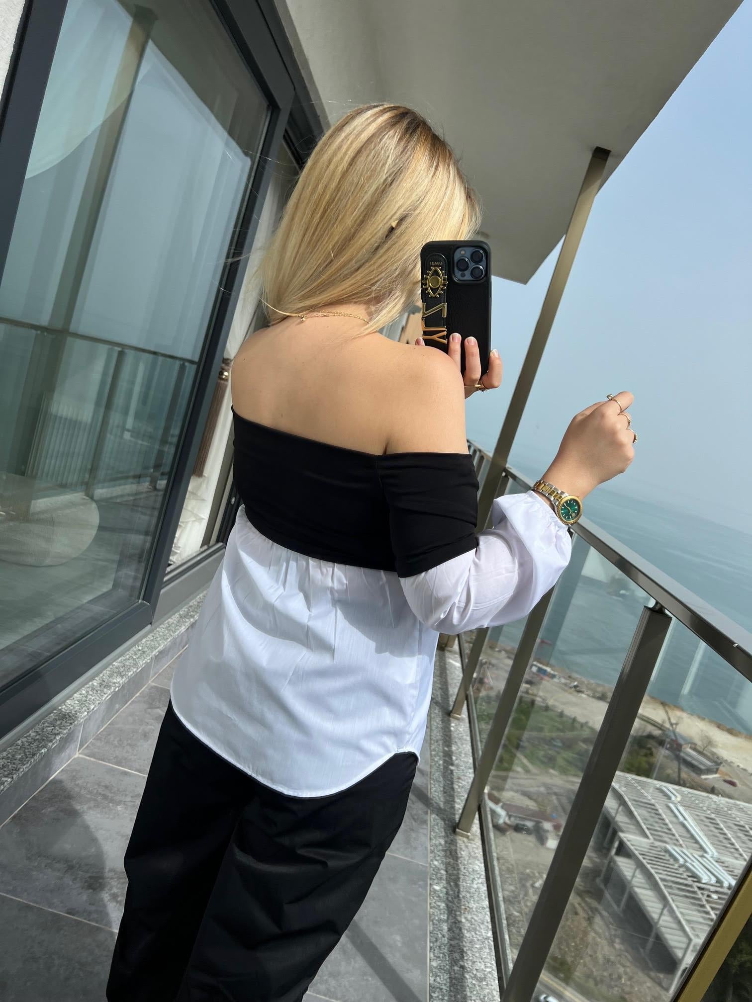342225 Sandy Kayık Yaka Poplin Garnili Bluz SİYAH