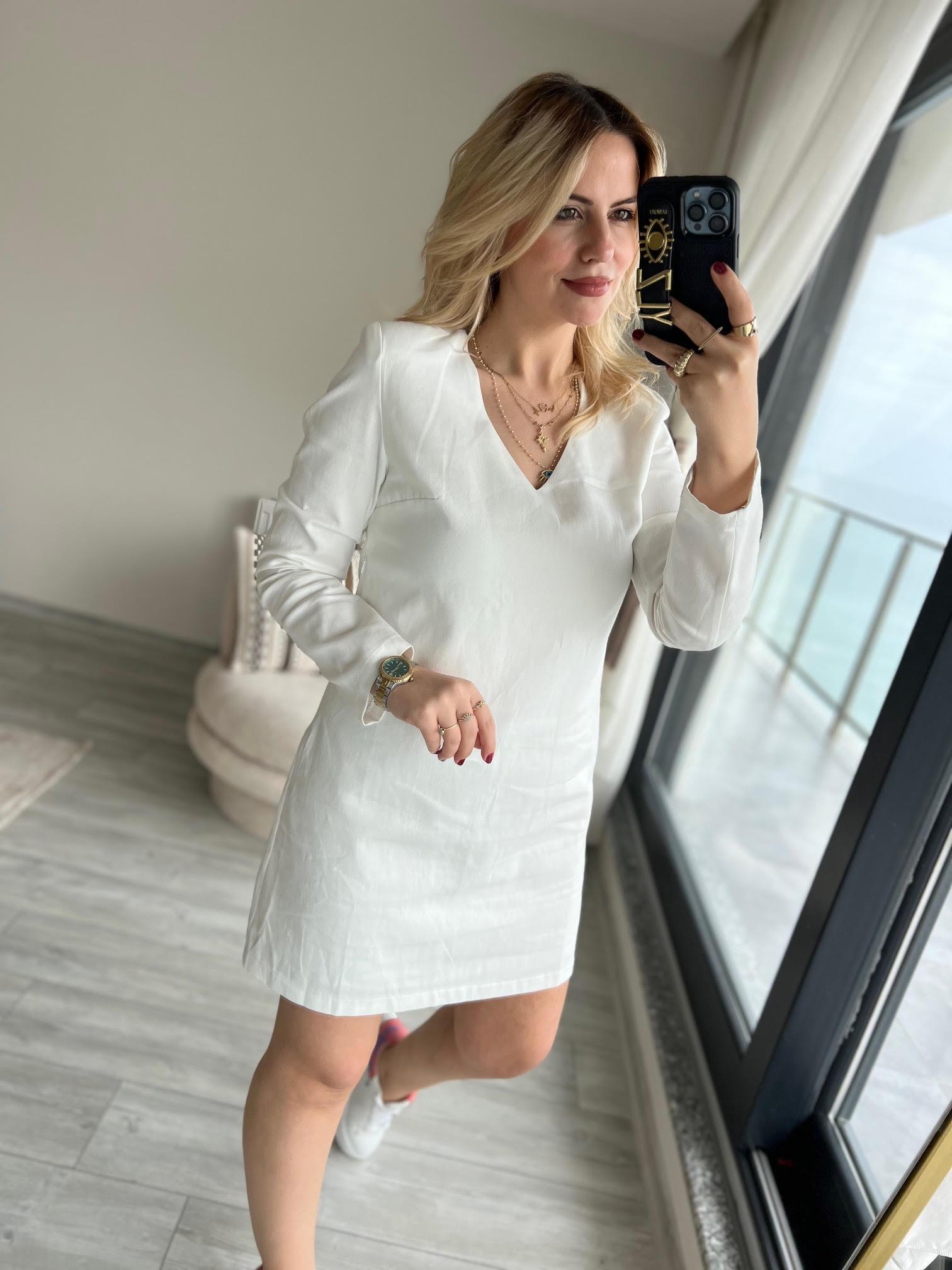 34307 Gabardin Elbise BEYAZ