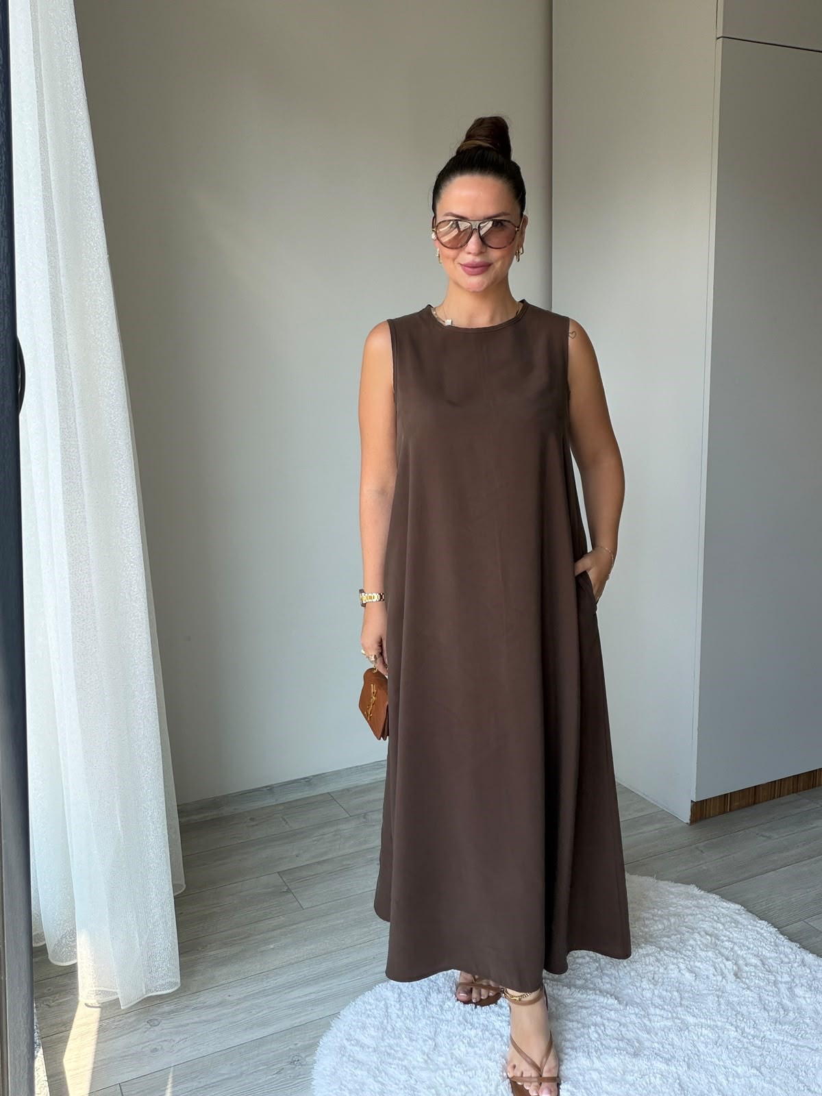 3453 Bisiklet Yakalı Elbise KAHVE