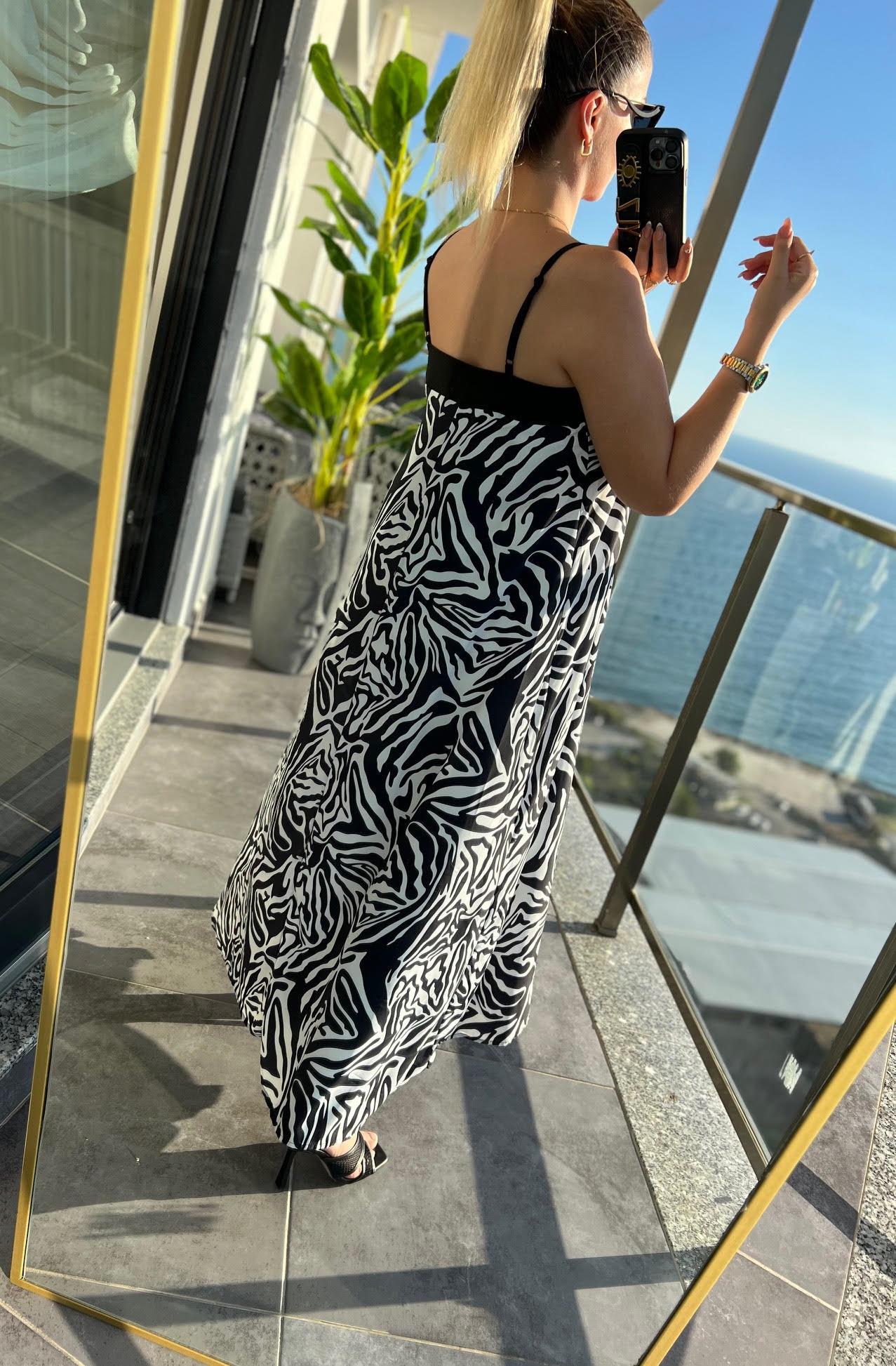 34684Zebra Desen Askılı Elbise ZEBRA