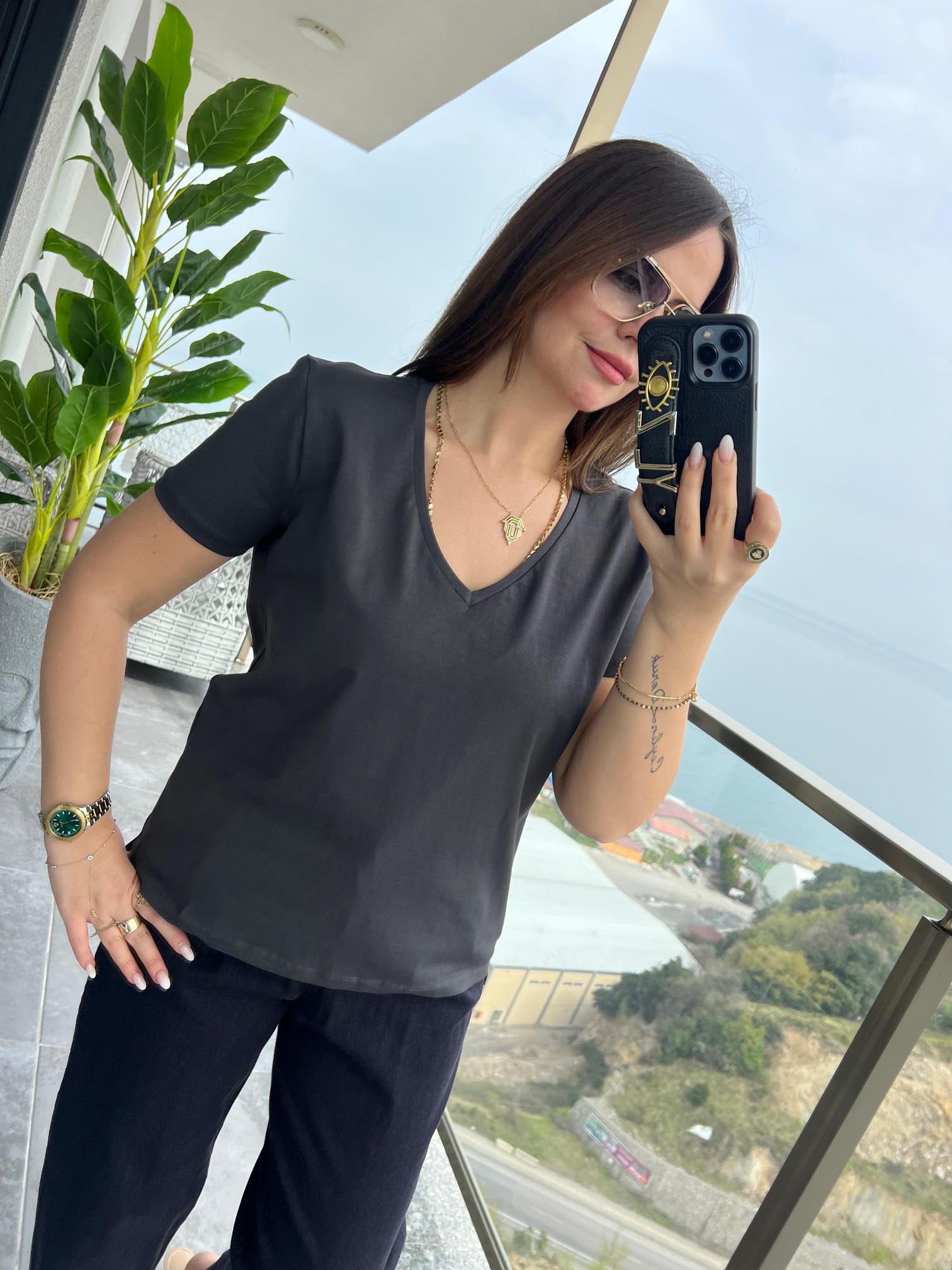 3470 V Yaka Basic Tshirt ANTRESİT
