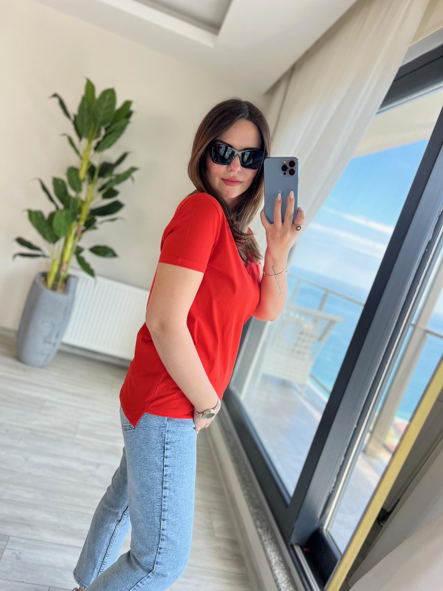 3470 V Yaka Basic Tshirt KIRMIZI
