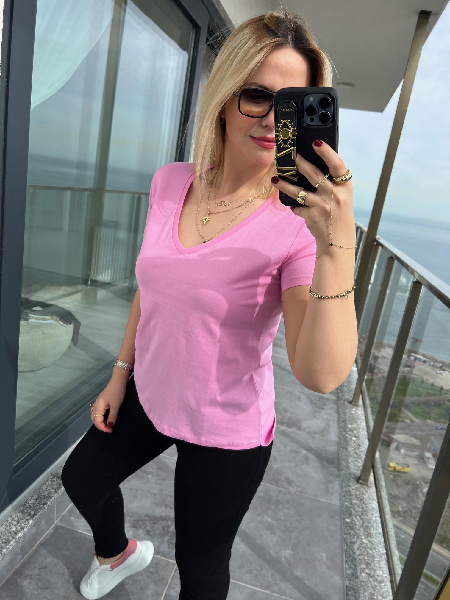 3470 V Yaka Basic Tshirt PEMBE