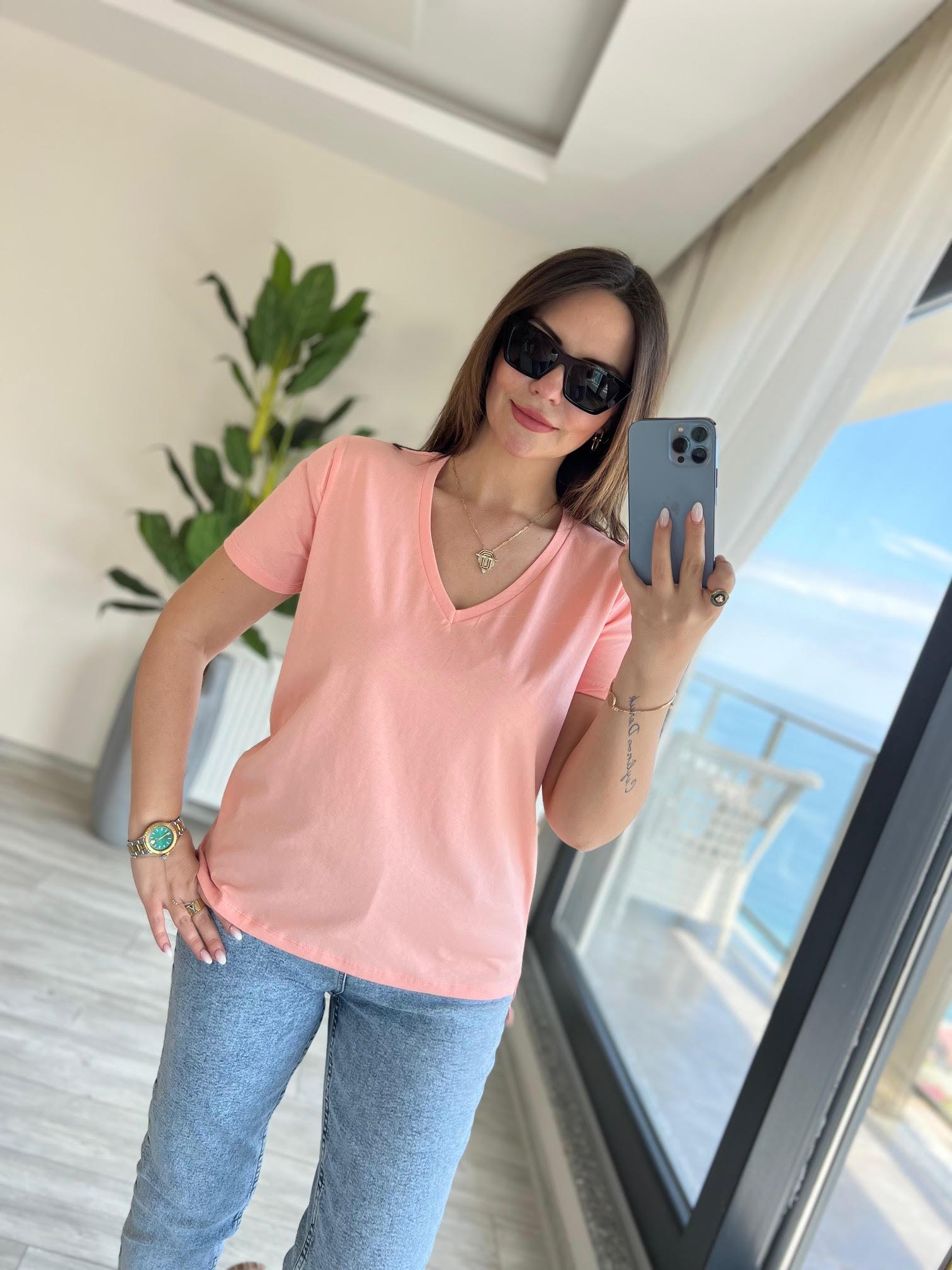 3470 V Yaka Basic Tshirt ŞEFTALİ