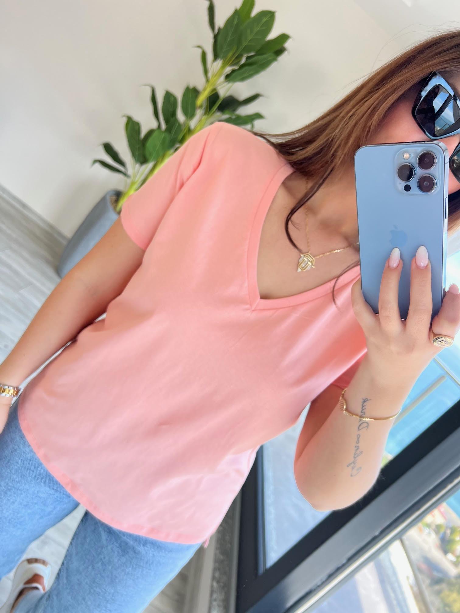 3470 V Yaka Basic Tshirt ŞEFTALİ