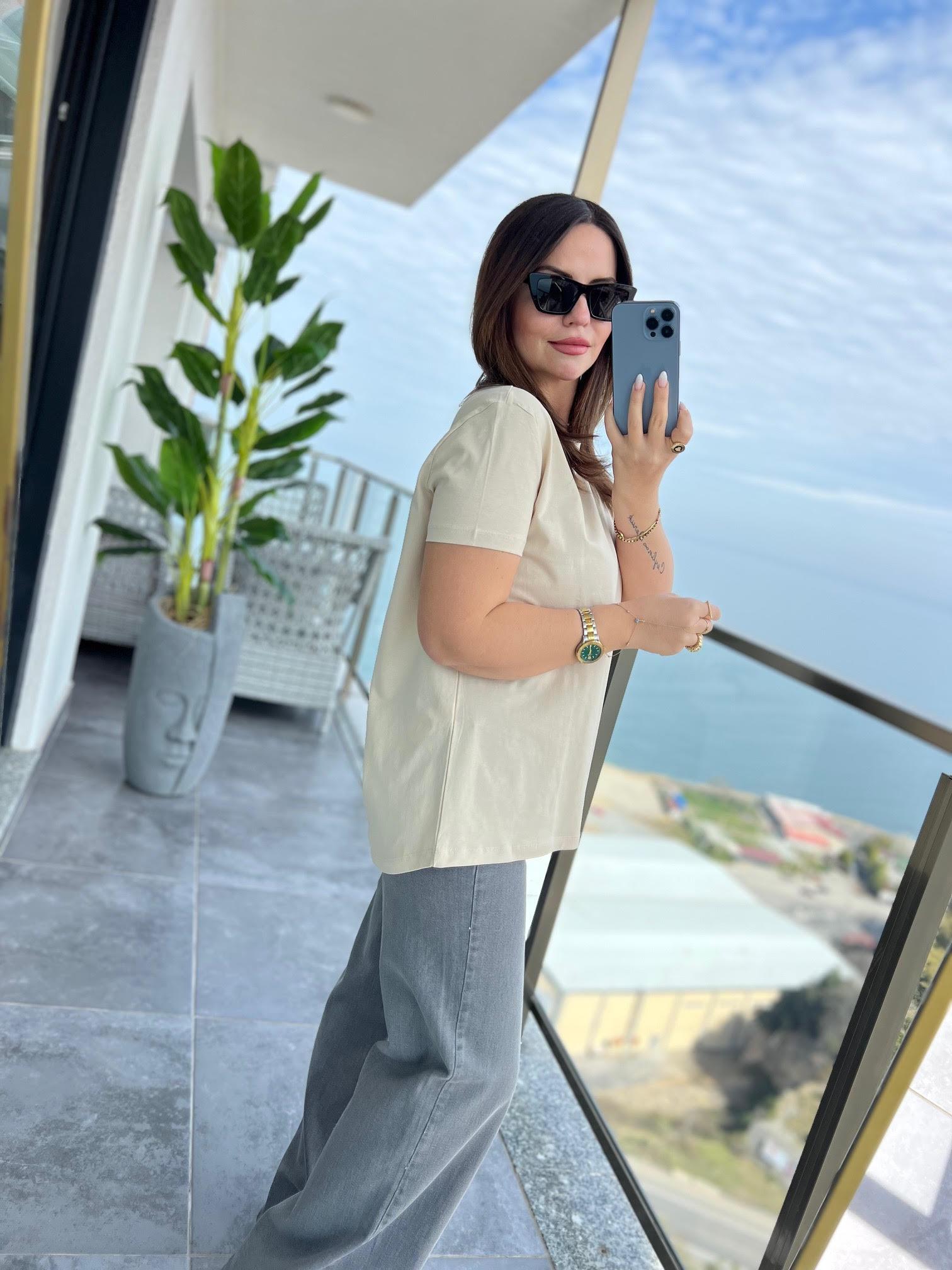 3471 Yuvarlak Yaka Basic Tshirt BEJ