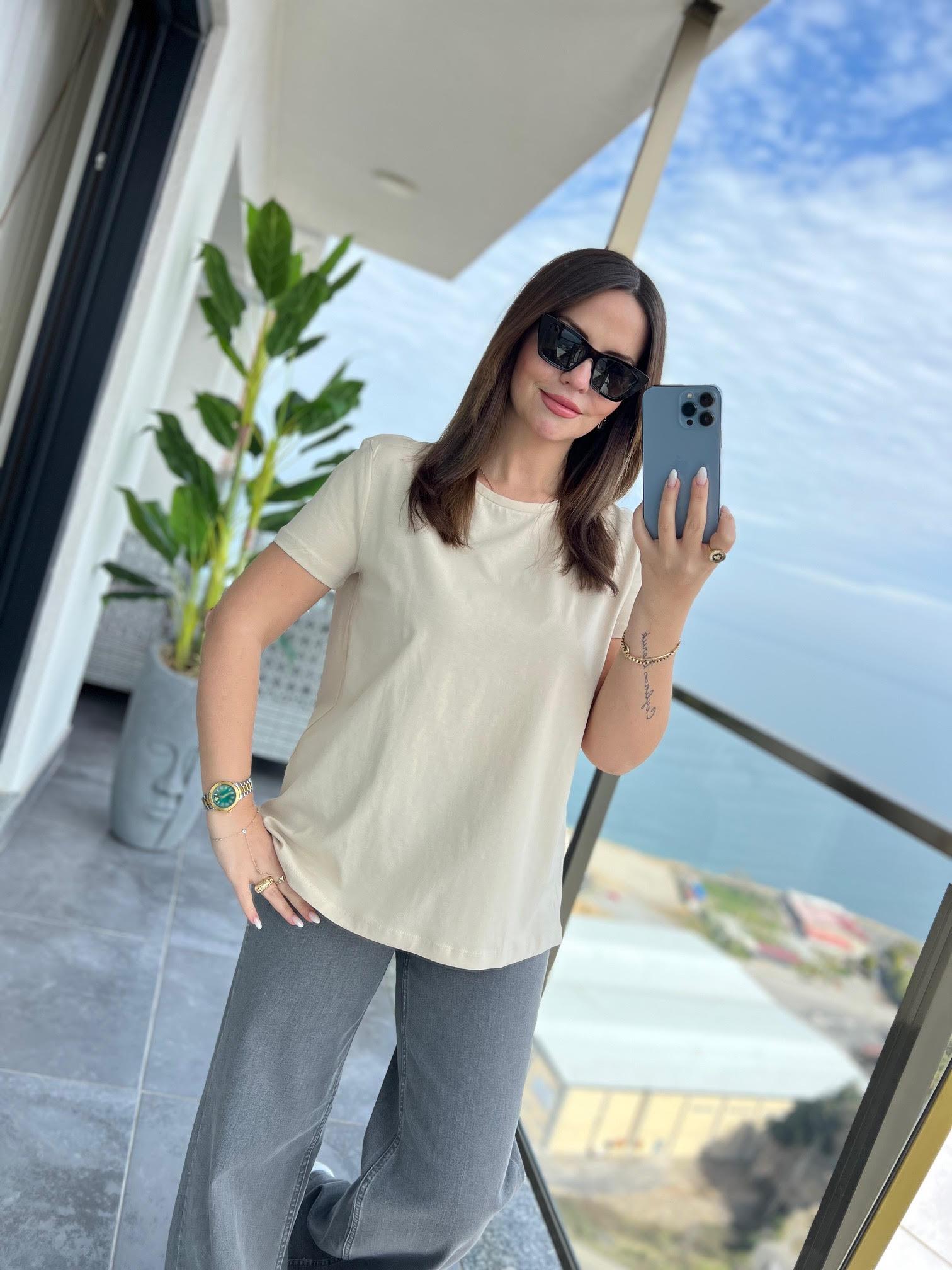 3471 Yuvarlak Yaka Basic Tshirt BEJ
