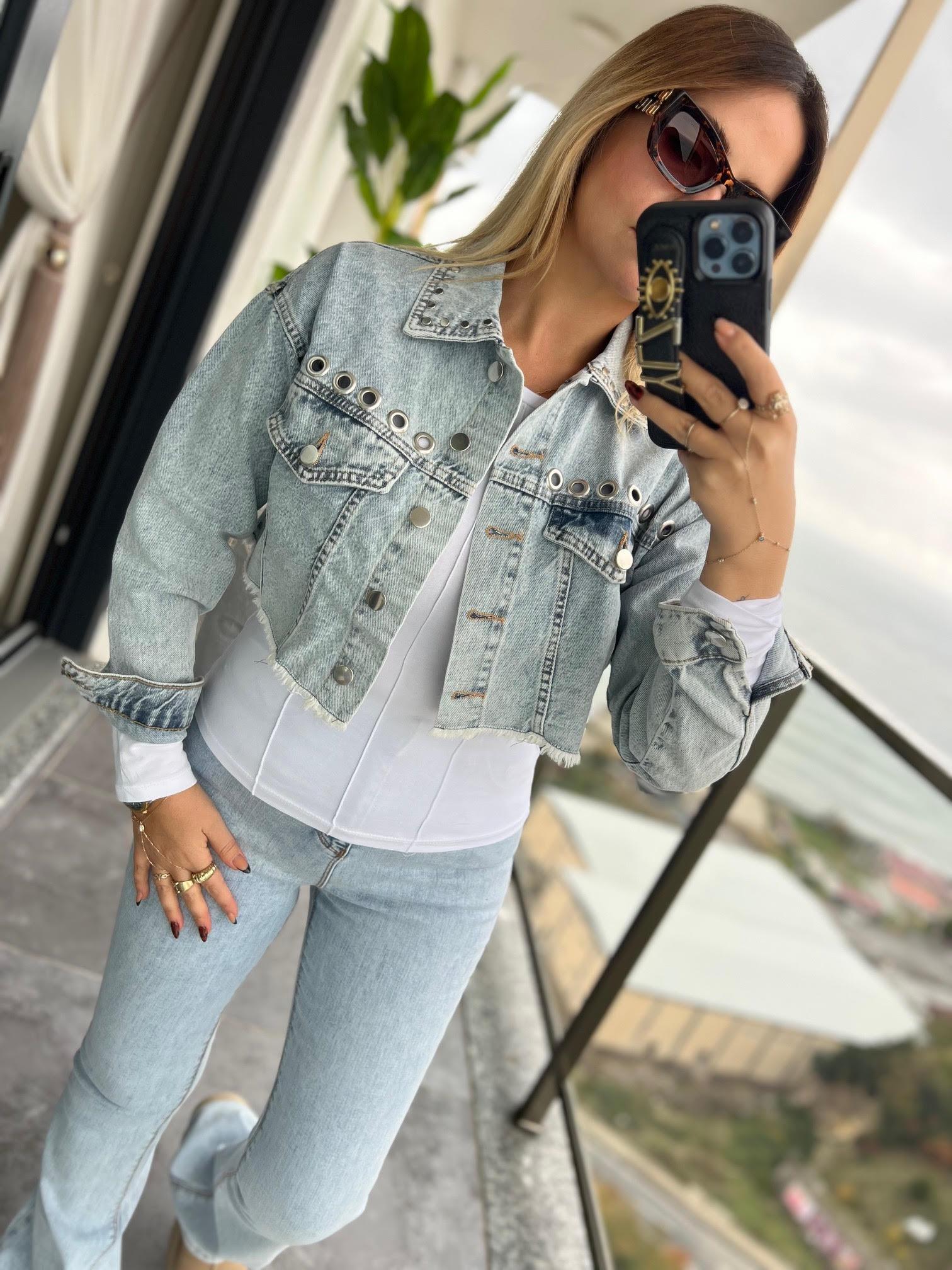 35091 Kuş Gözlü Kısa Kot Ceket MAVİ